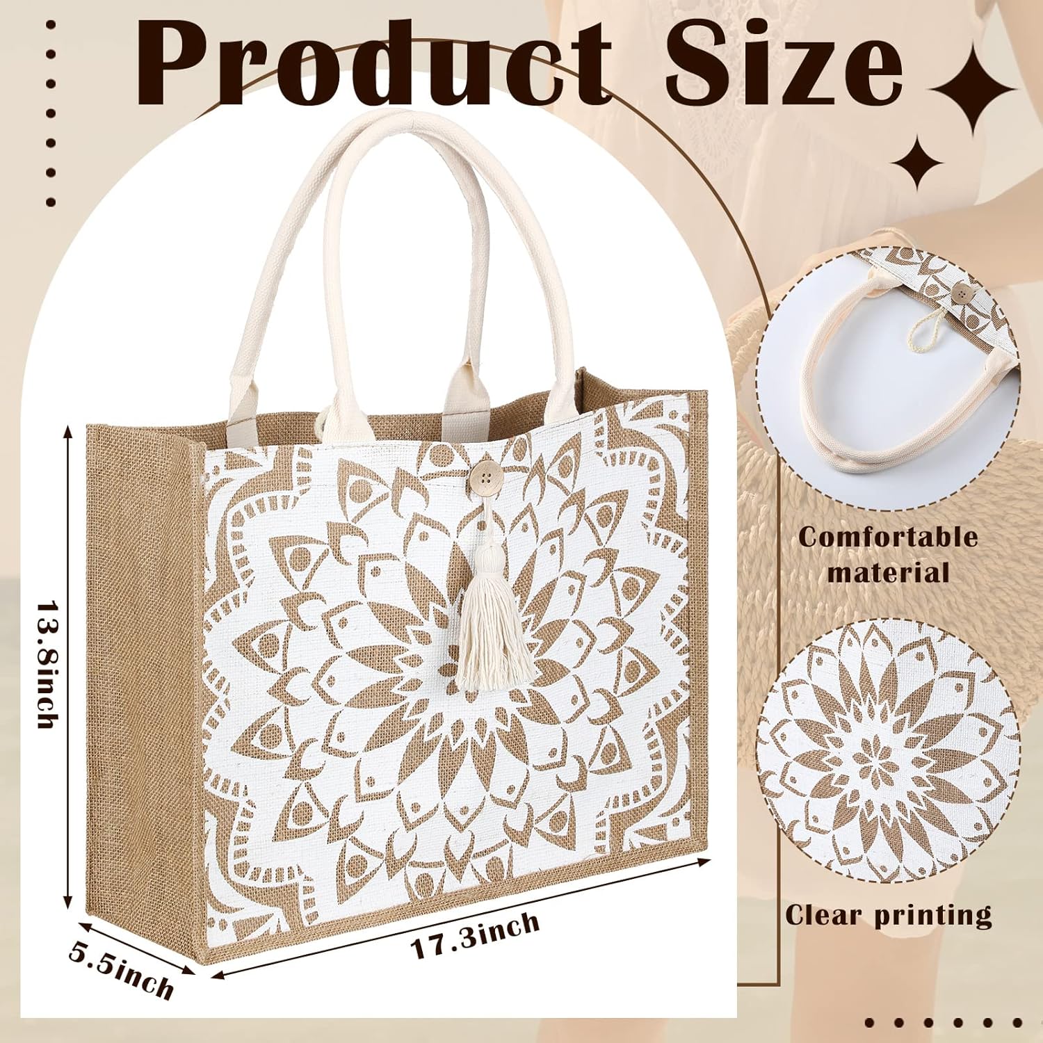 Buryeah 2 Pcs Large Beach Burlap Jute Tote Bag for Women Straw Cute Beach Jute Tote Handbags Reusable Grocery Bag for Mother Teacher Wedding Shopping Travelling Gym - Image 3
