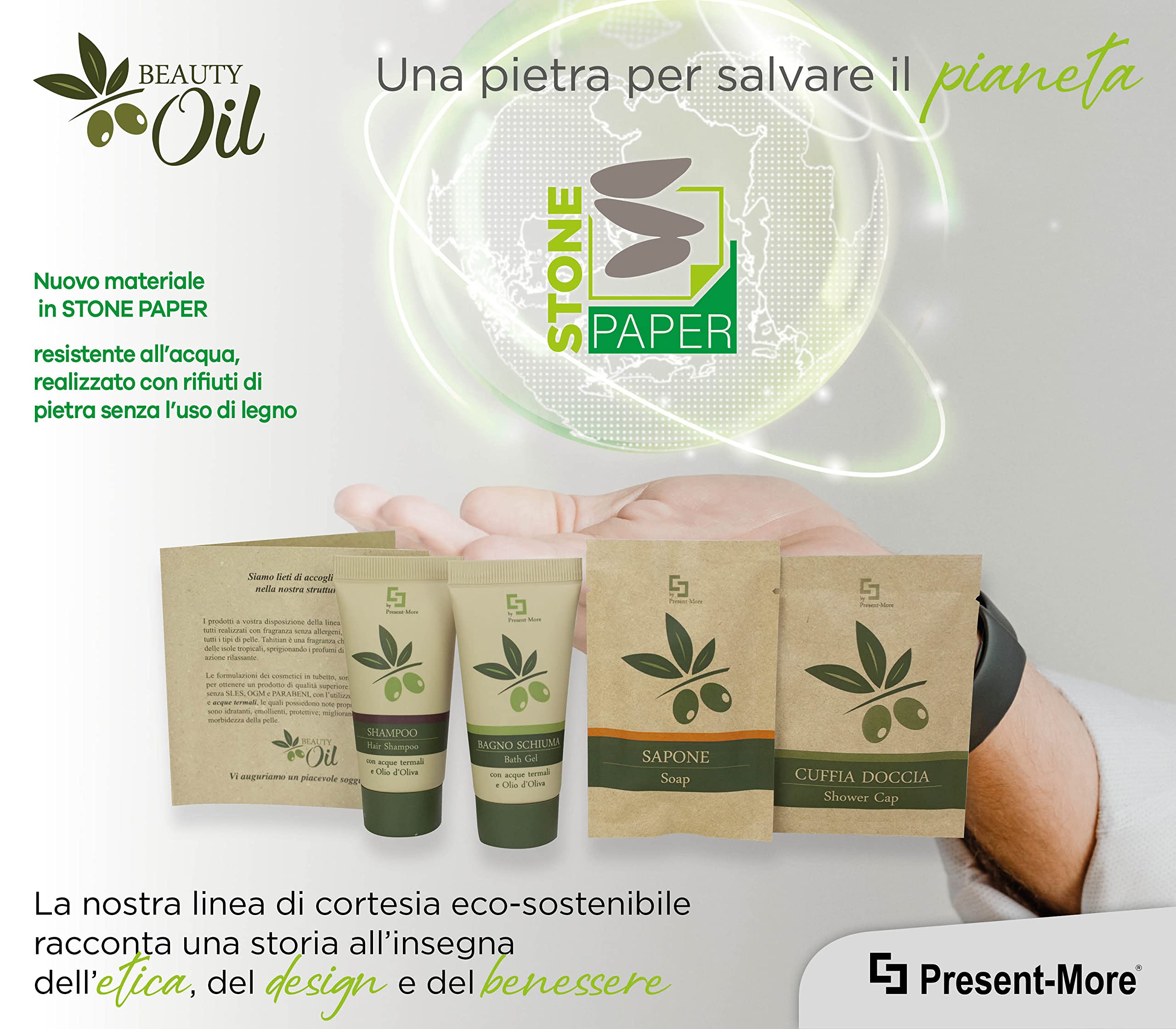 PRESENT-MORE - Set Cortesia 20 Ospiti Beauty Oil - Fragranza Tahitian - Contiene: Shampoo, Gel Doccia, Sapone e Cuffia - Made in Italy - Per Hotel e B&B