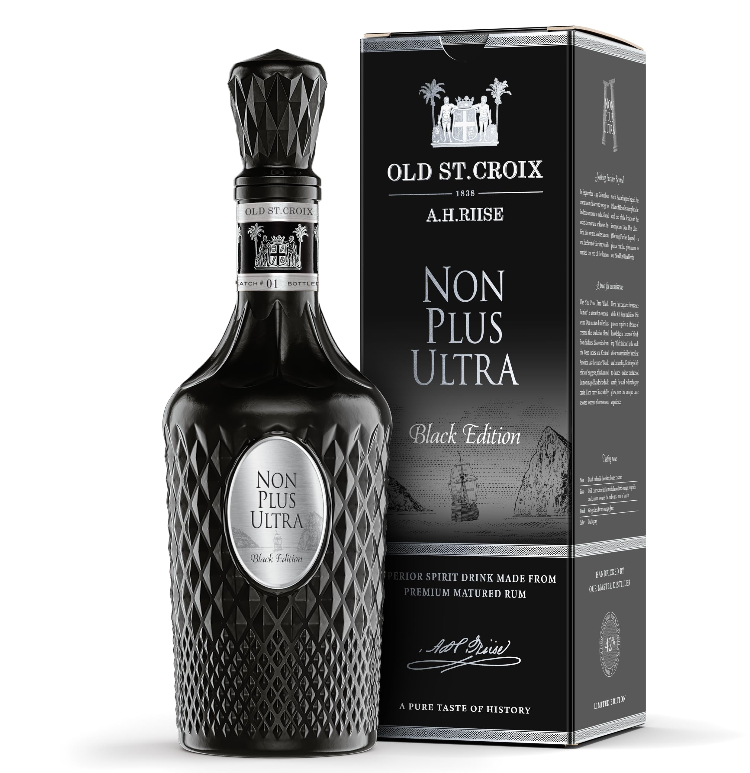A.H. Riise Non Plus Ultra Black Edition | Premium Spirituose auf Rumbasis | Edles Design | Angenehmer, lieblicher Geschmack | 700 ml | 42% Vol