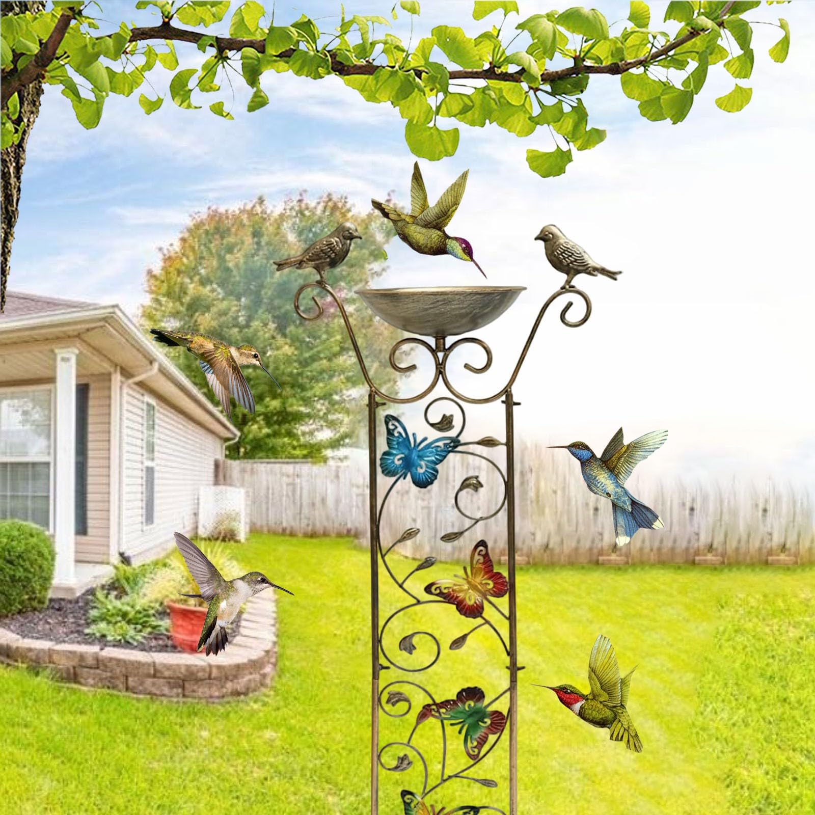 Stabile Vogeltränke aus Metall für den Garten Schmetterling Kolibri Form stehend Vogeltränke mit Erdspieß stehend Outdoor Wasserschale einfach zu montieren 105 x 37 cm (A)