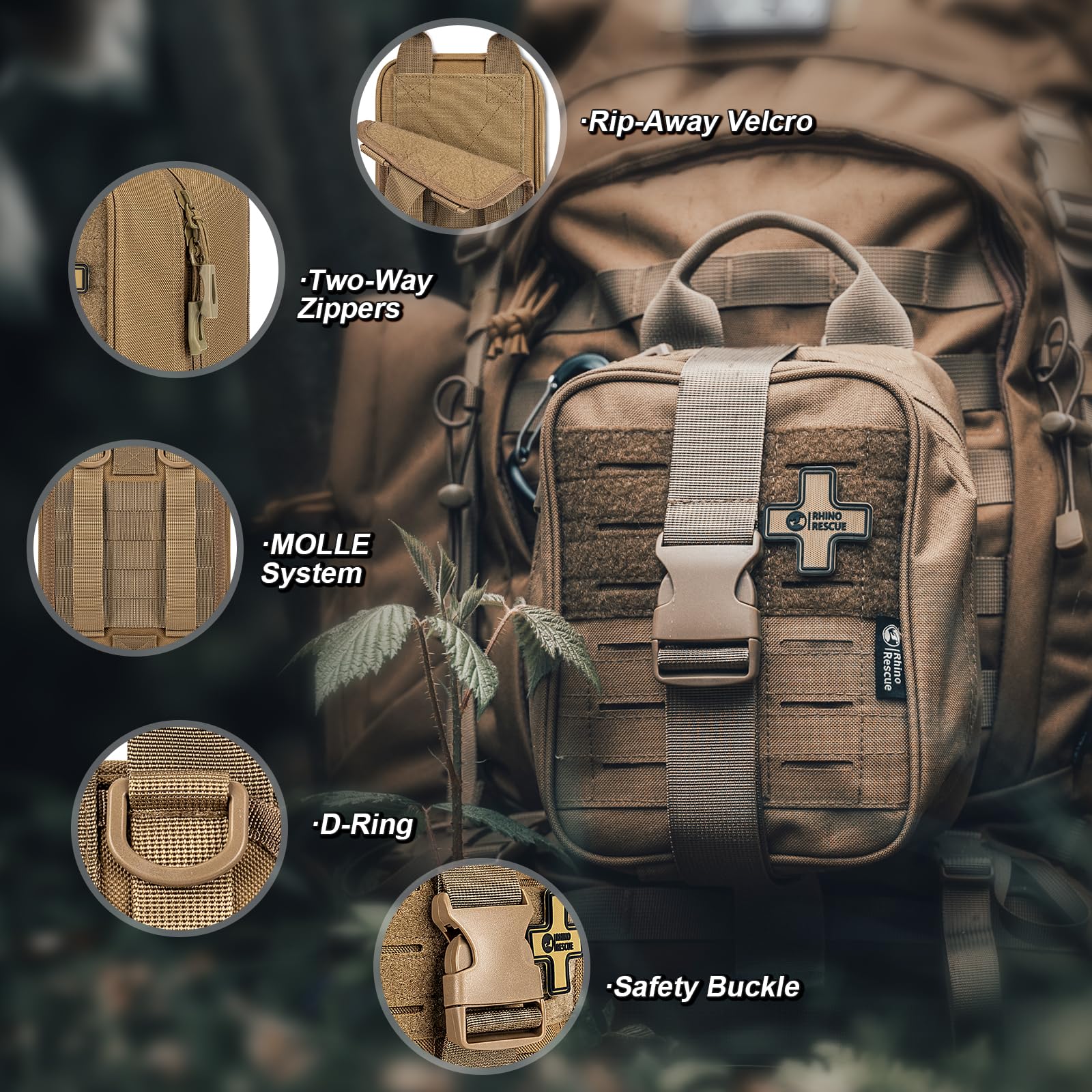 Rhino Rescue Ifak Kit De Premiers Secours, Fournitures D'Urgence Avec Gaze Et Bandage Pour La Chasse, Le Camping, Les Voyages (Khaki Pro)