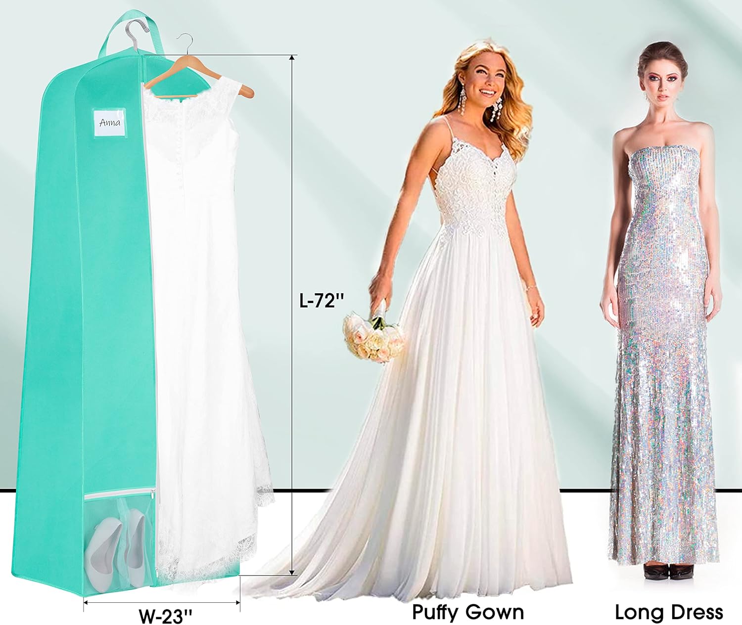 review SLEEPING LAMB 72'' Wedding Dress Garment Bag 15'' Gusseted Dress Bag for Gowns Long with Large Mesh Pockets Hanging Garment Bag for Prom, Tuxedos, Teal