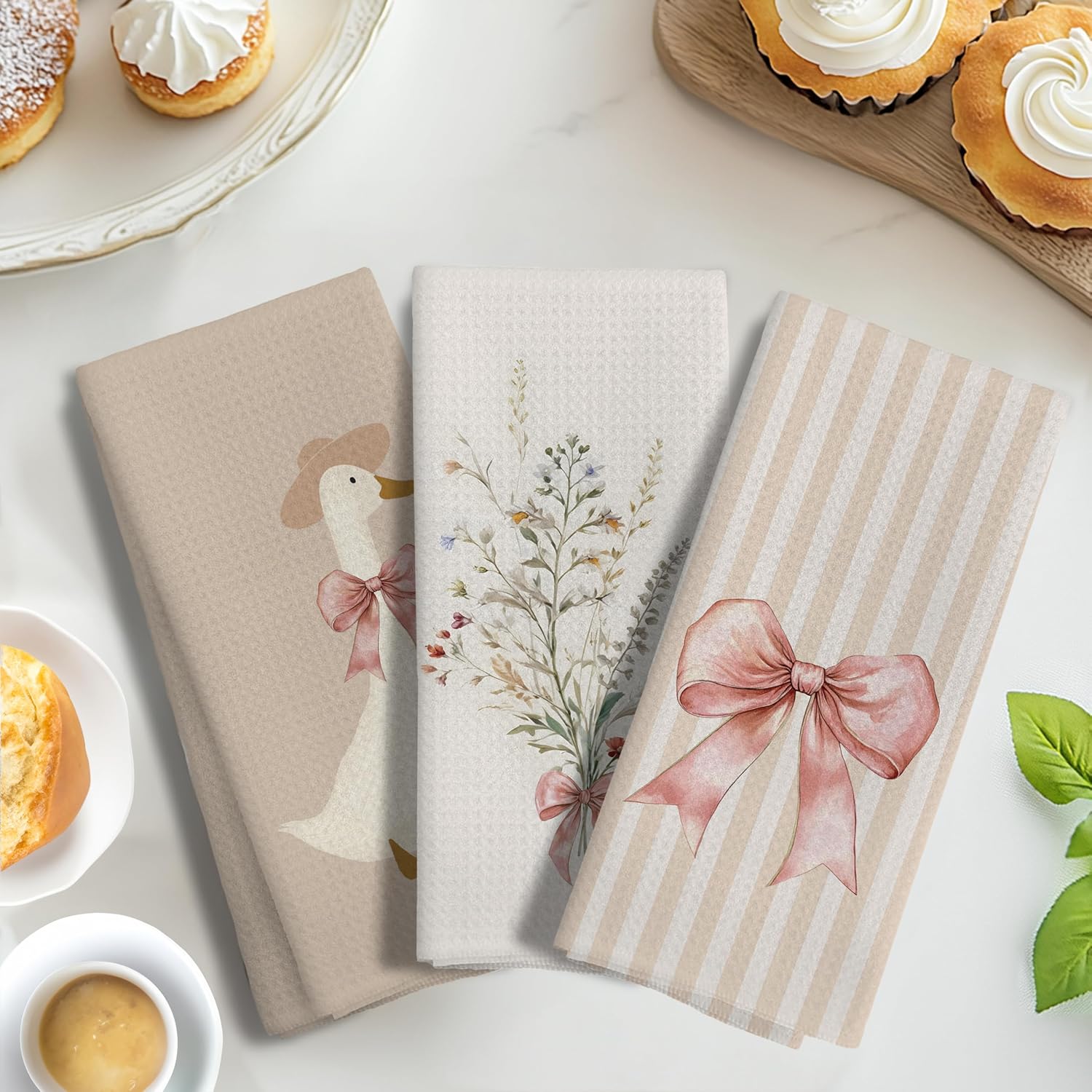 Coquette Pink Bow Goose Striped Floral Kitchen Towels Set of 3, Neutral Beige and Pink Dish Tea Towels for Kitchen Decor, Preppy Aesthetic Hand Towels for Bathroom Decor, 16x24 Inches image 5
