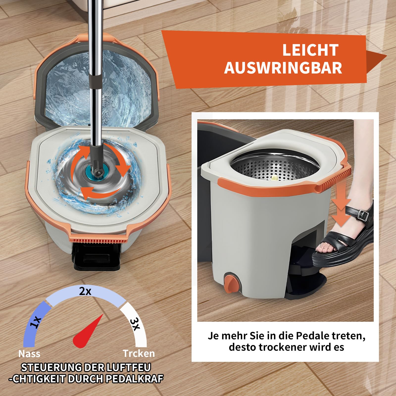 Wischmopp Set mit Eimer und Fußpedal, Bodenwischer mit geteiltem 2-Kammern-Putzeimer, Auswringfunktion & Edelstahlstiel, inkl. 3 Mikrofaser-Pads, Komplettset für Laminat & Fliesen (Hellgrau)
