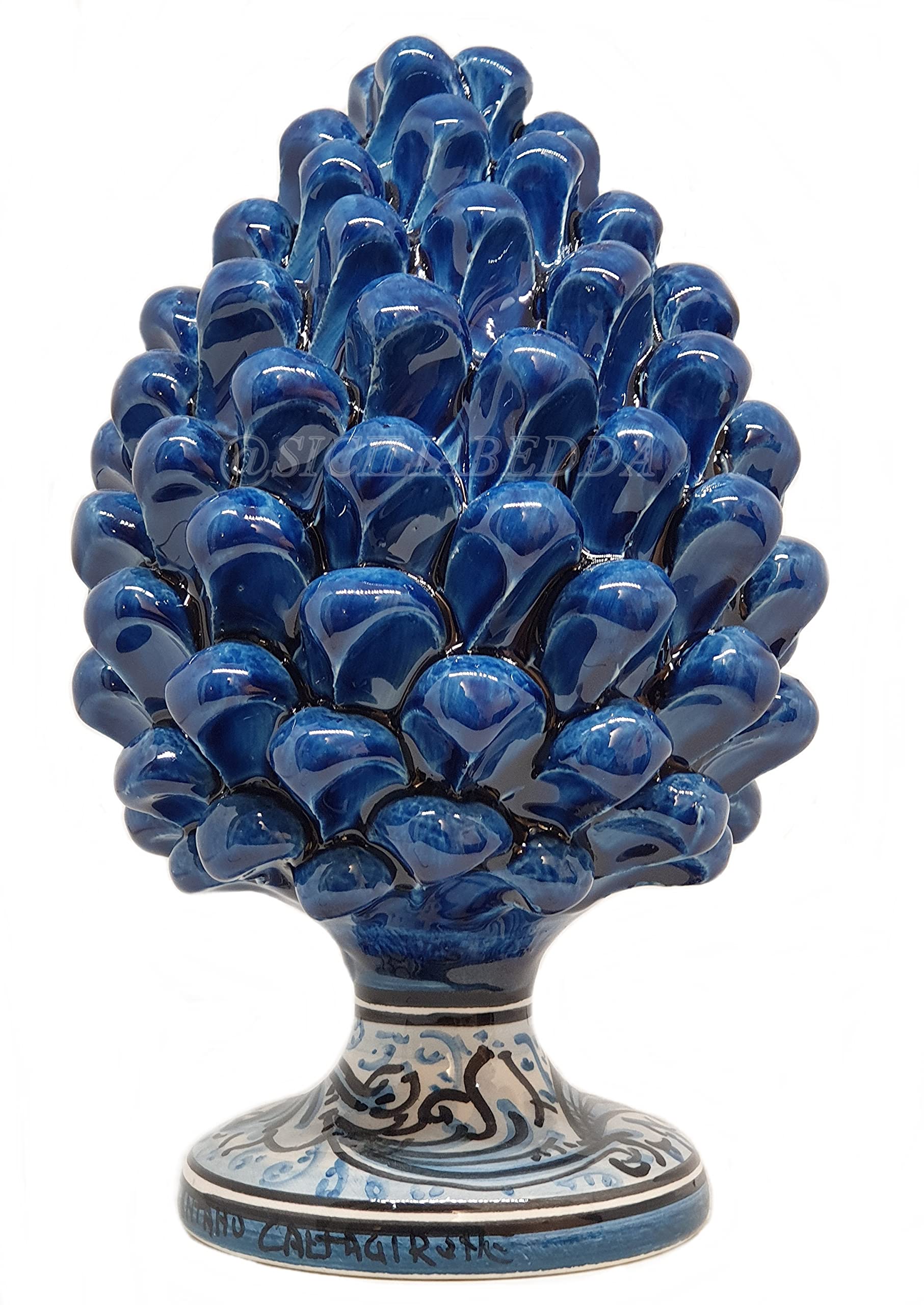 sicilia bedda - Pomme de pin sicilienne avec pied décoré - Modèle mayolique - Céramique de Caltagirone (hauteur 22 x 13 cm, bleu antique)