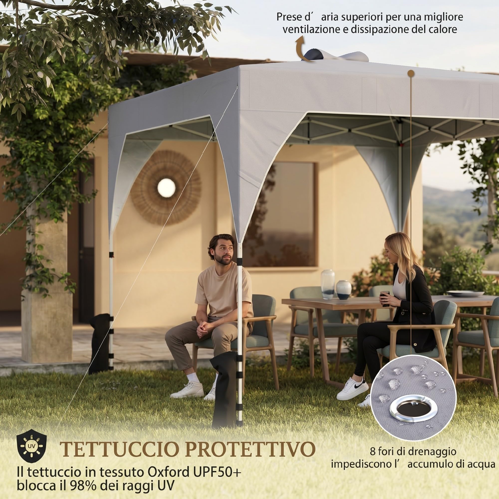 Outsunny Gazebo Pieghevole 3x3m Pop Up con Pulsante Centrale Grigio Scuro | Facile da Montare, Gazebo da Giardino, Altezza Regolabile, Prese d'Aria, Sacchi di Sabbia, Borsa, UV50+, Feste Esterno