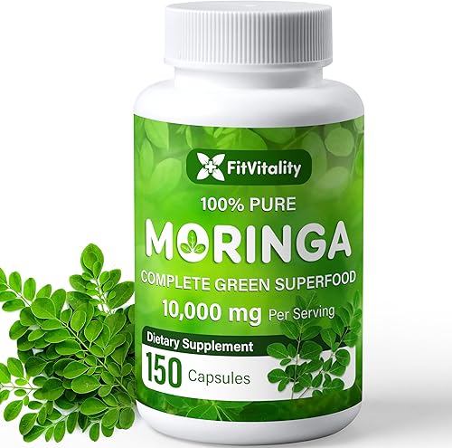 Cápsulas de Moringa  Moringa Oleifera  10,000 mg  150 cápsulas  100% puro  Suplemento sin OMG y sin gluten  Superalimento verde completo  Polvo de