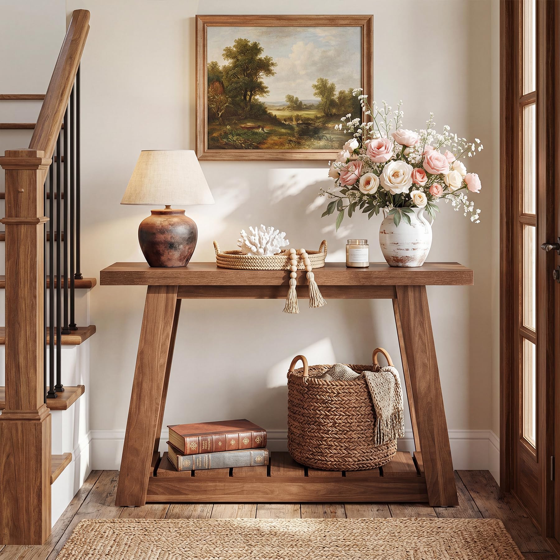 Tribesigns Mesa consola de 105 cm, estrecha mesa de pasillo con 2 estantes, mesa consola rústica de madera, mesa de entrada para pasillo, salón, entrada, mesa de sofá, color marrón