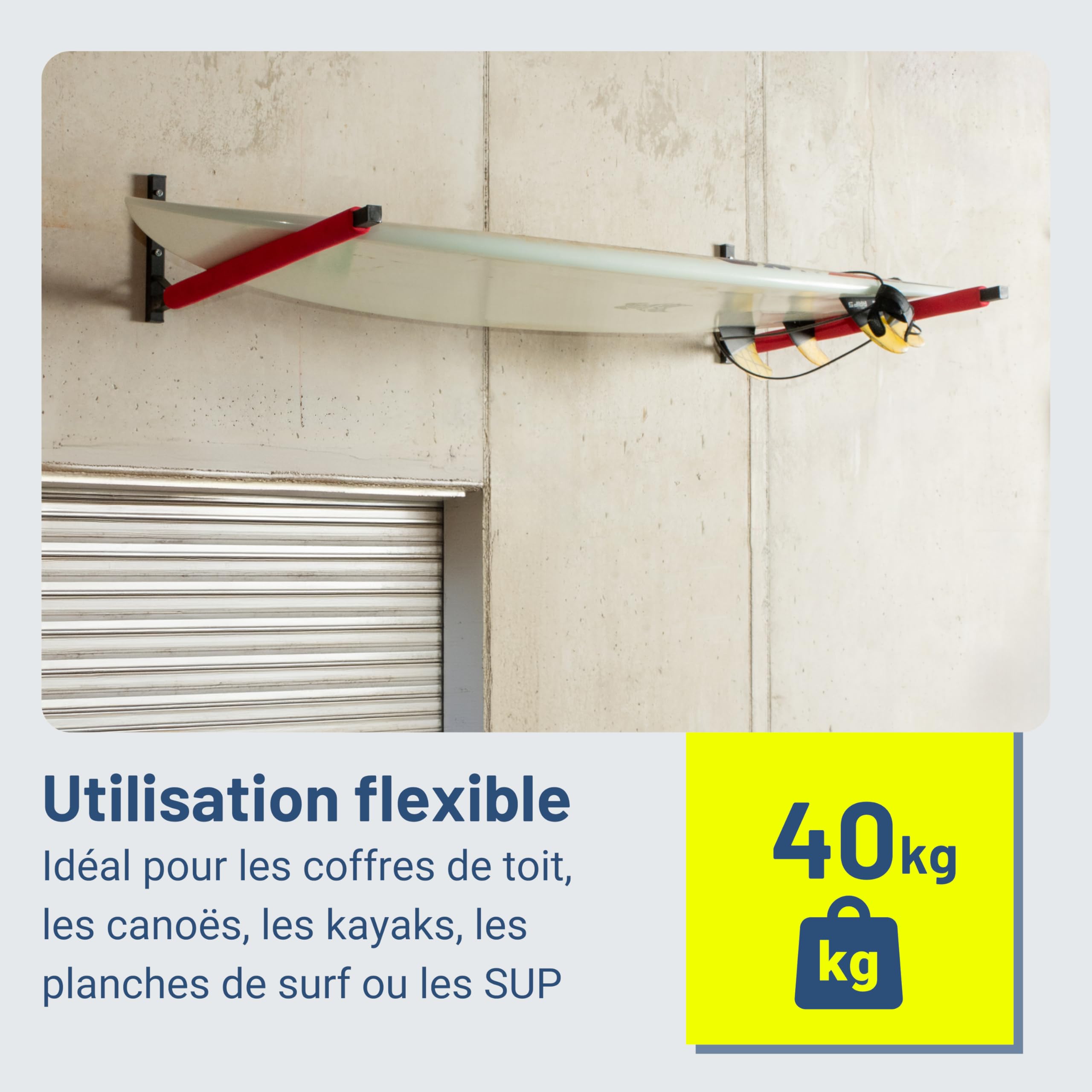 Pallit BRACKET-M Support Mural pour Coffre de Toit, Canoë et Kayak - 40 kg | Support universel rembourré pour garage et cave. Idéal pour planches de surf, SUP, échelles, skis ou porte-bagages de toit.