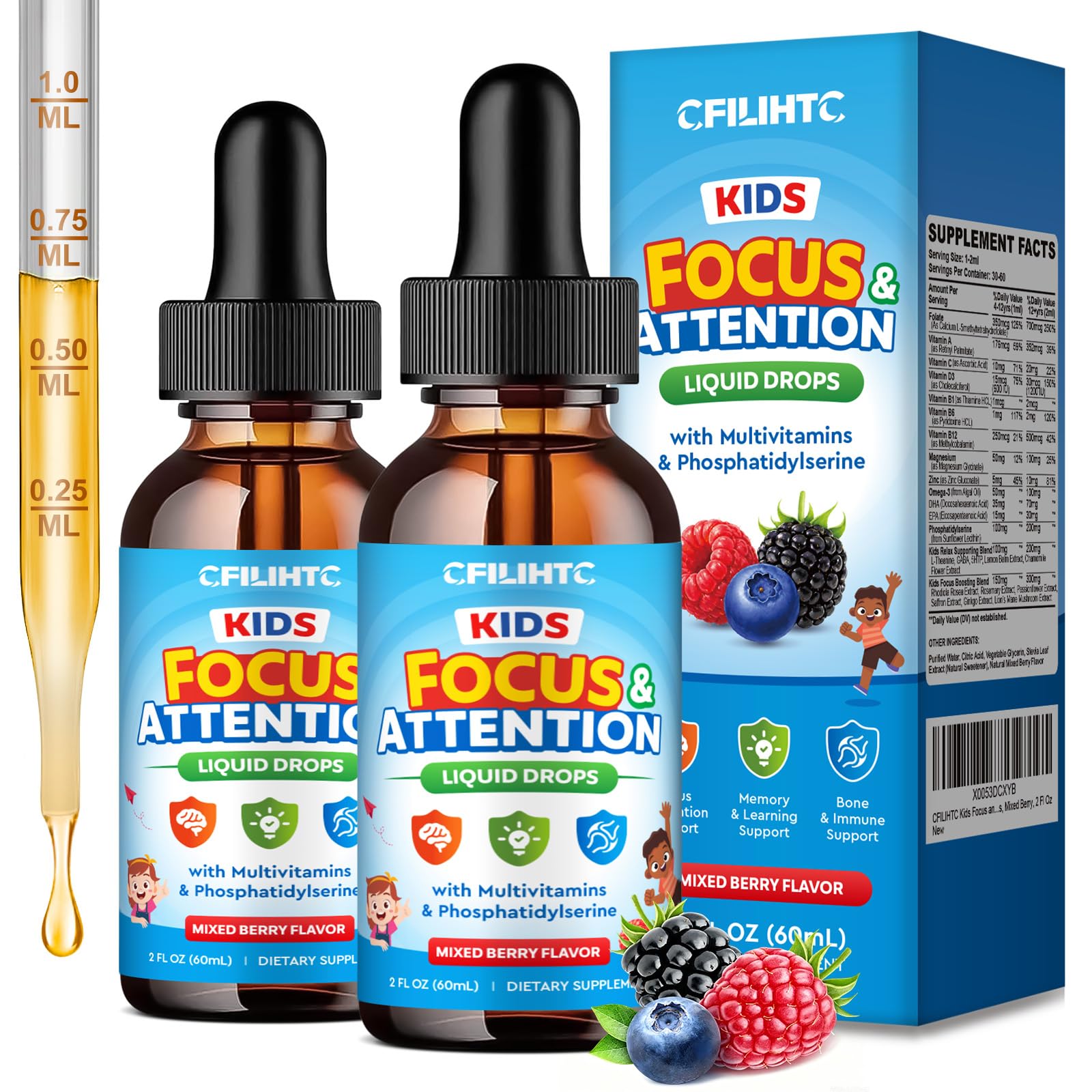 Kids Focus and Attention Supplements with Phosphatidylserine, Omega-3, Magnesium Glycinate & L-Theanine, Brain Vitamins Liquid Drops for Kids Memory, Cognitive, Calm & Mood, Mixed Berry, 4 Fl Oz Mixed Berry 4 Fl Oz (Pack of 1)