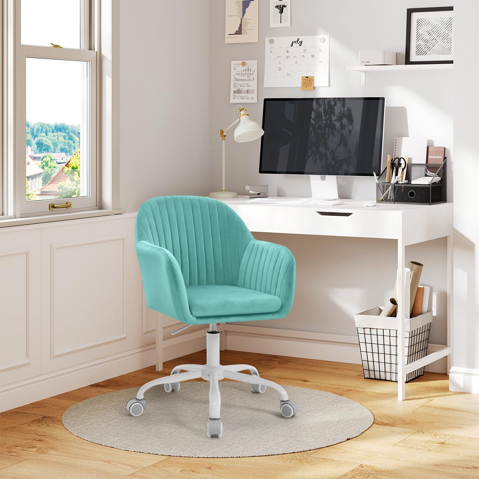 WOLTU Silla de Oficina en Casa, Silla Giratoria, Terciopelo, Turquesa | Giratoria con Ruedas, con Respaldo Ancho y Asiento Amplio, Altura Ajustable