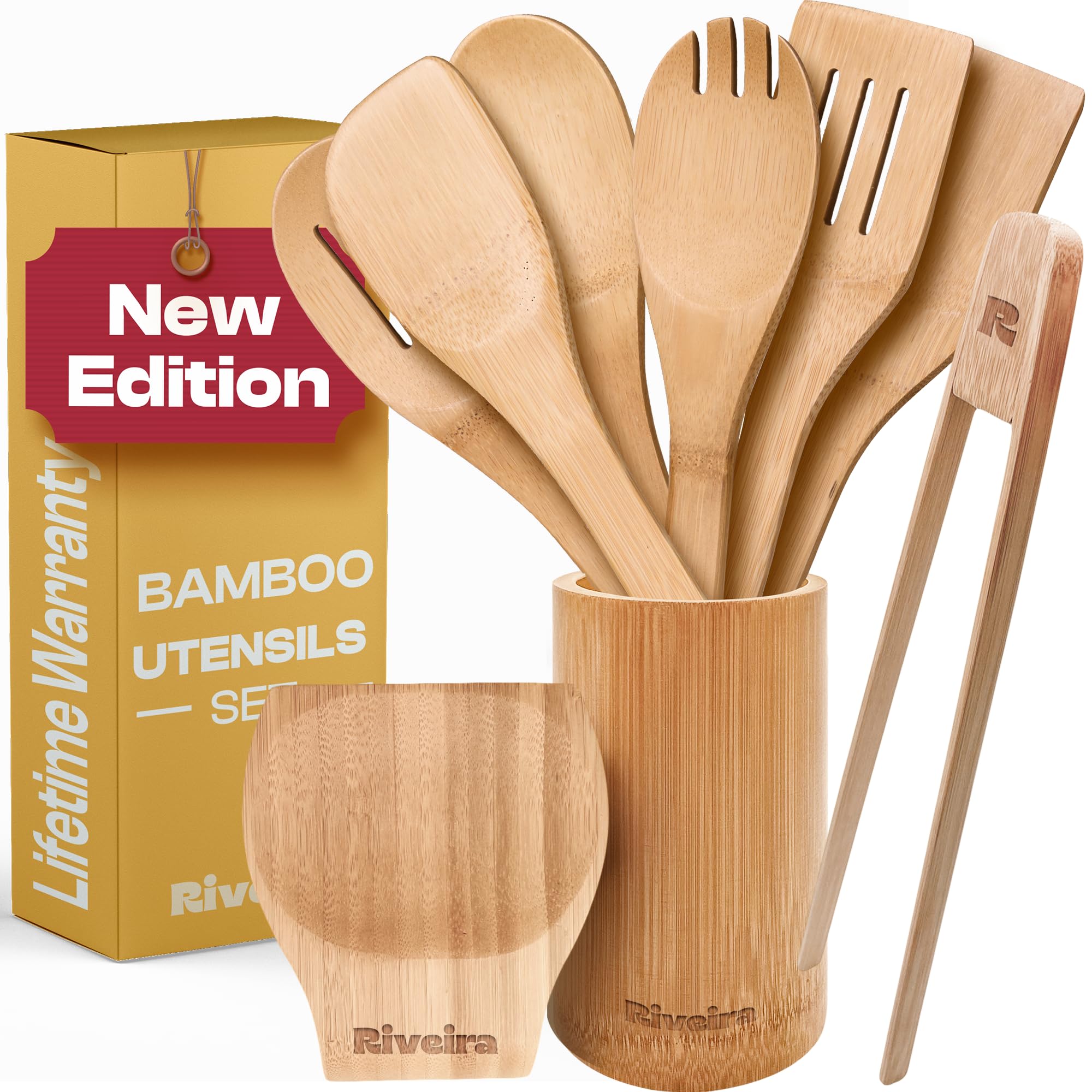 RiveiraBamboo Wooden Spoons for Cooking 9-Piece with Holder, Apartment Essentials Wood Spatula Spoon Nonstick Kitchen Utensil Set Premium Quality Housewarming Gifts for Everyday Use