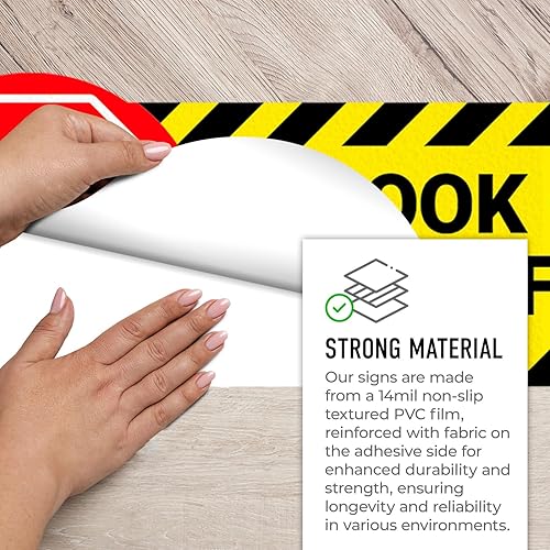 Miniatura 5 de Calcomanía de suelo con texto en inglés "Stop Look Out for Forklift Traffic", 26 x 6 pulgadas, adhesivo antideslizante, fabricado en Estados Unidos