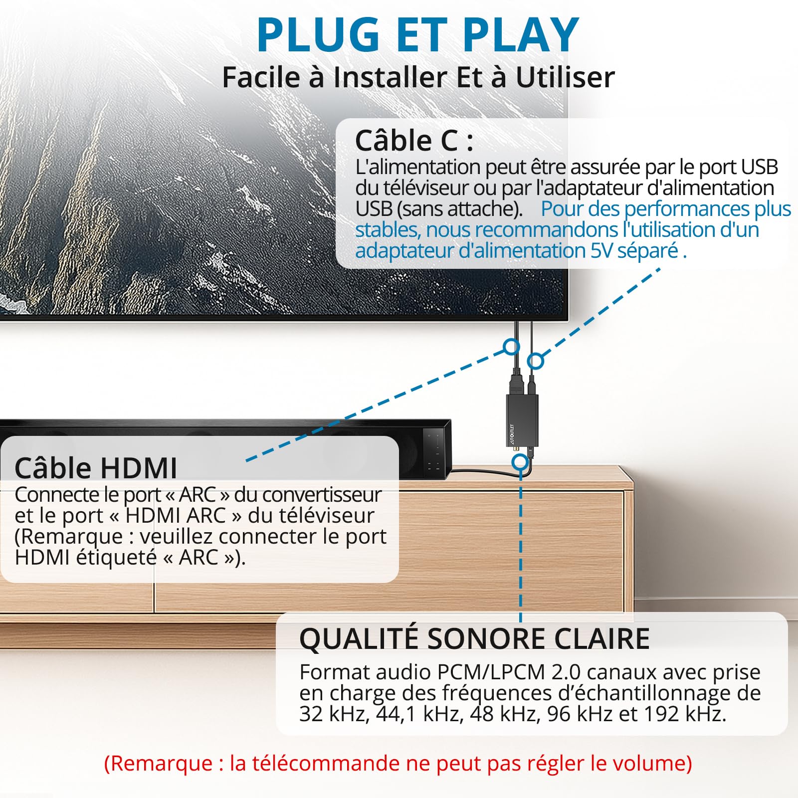 AUTOUTLET Extracteur Audio HDMI ARC 192 KHz, Adaptateur ARC 1M Optique, Répartiteur Audio pour Amplificateur Barre de Son Système H
