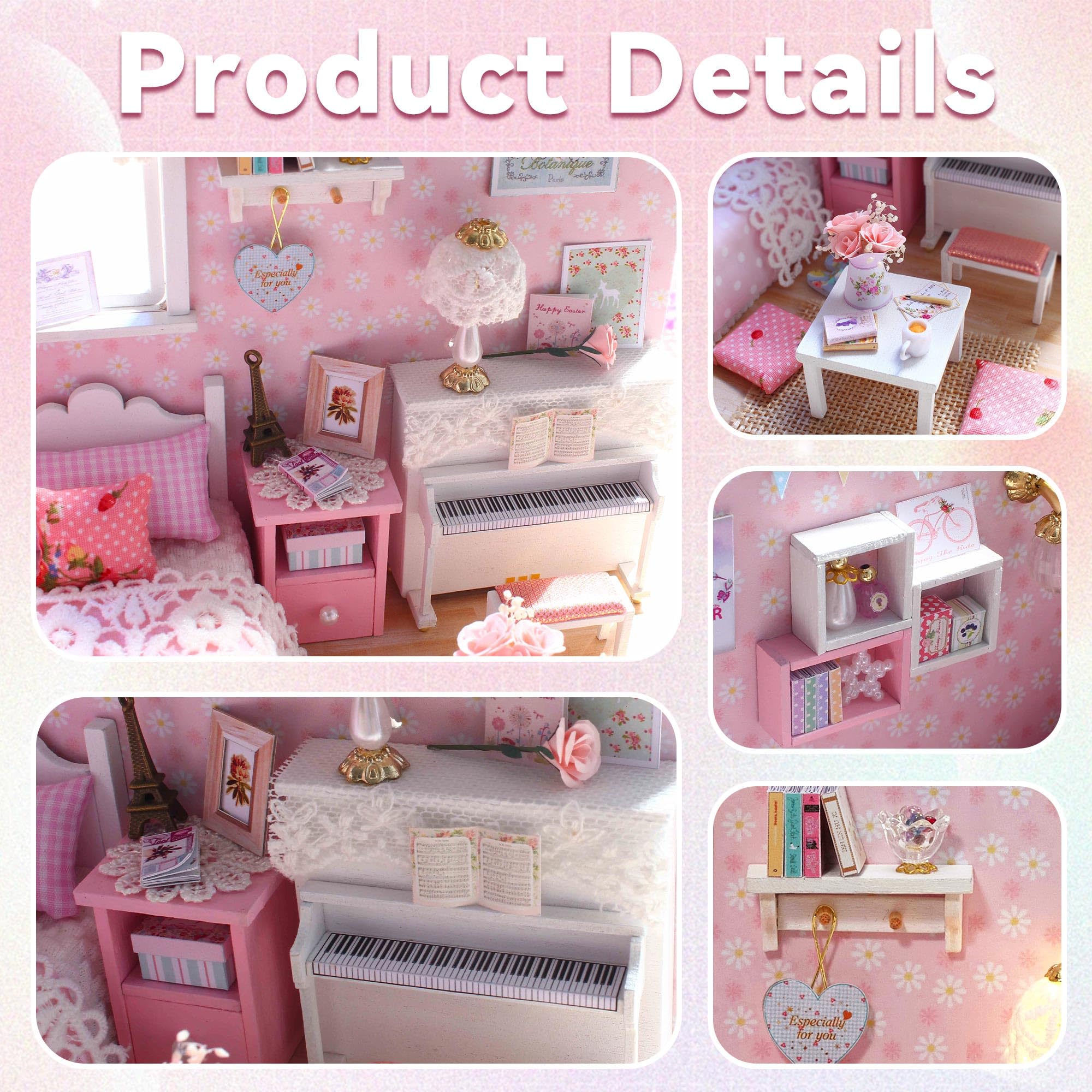 Kit de casa en miniatura, kit de casa pequeña con luz LED, mini kits de manualidades de construcción de casa para adultos y adolescentes, decoración del hogar, regalo creativo para familias 4