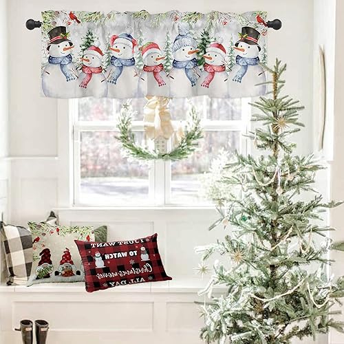 Miniatura 3 de Cenefa de ventana de muñeco de nieve de Navidad con bolsillo para barra, paneles de cortina cortos para invierno, nevado, ramas de pino, cenefas de