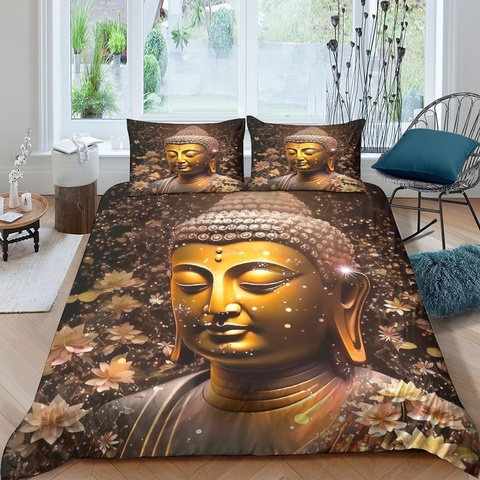 GPLZQXKJNH 3D Printed Buddha Statue Duvet Cover Microfiber Soft Breathable Golden Meditation Quilt Cover Set with 2 Pillowcases for Bedroom Decor Single（135x200cm）