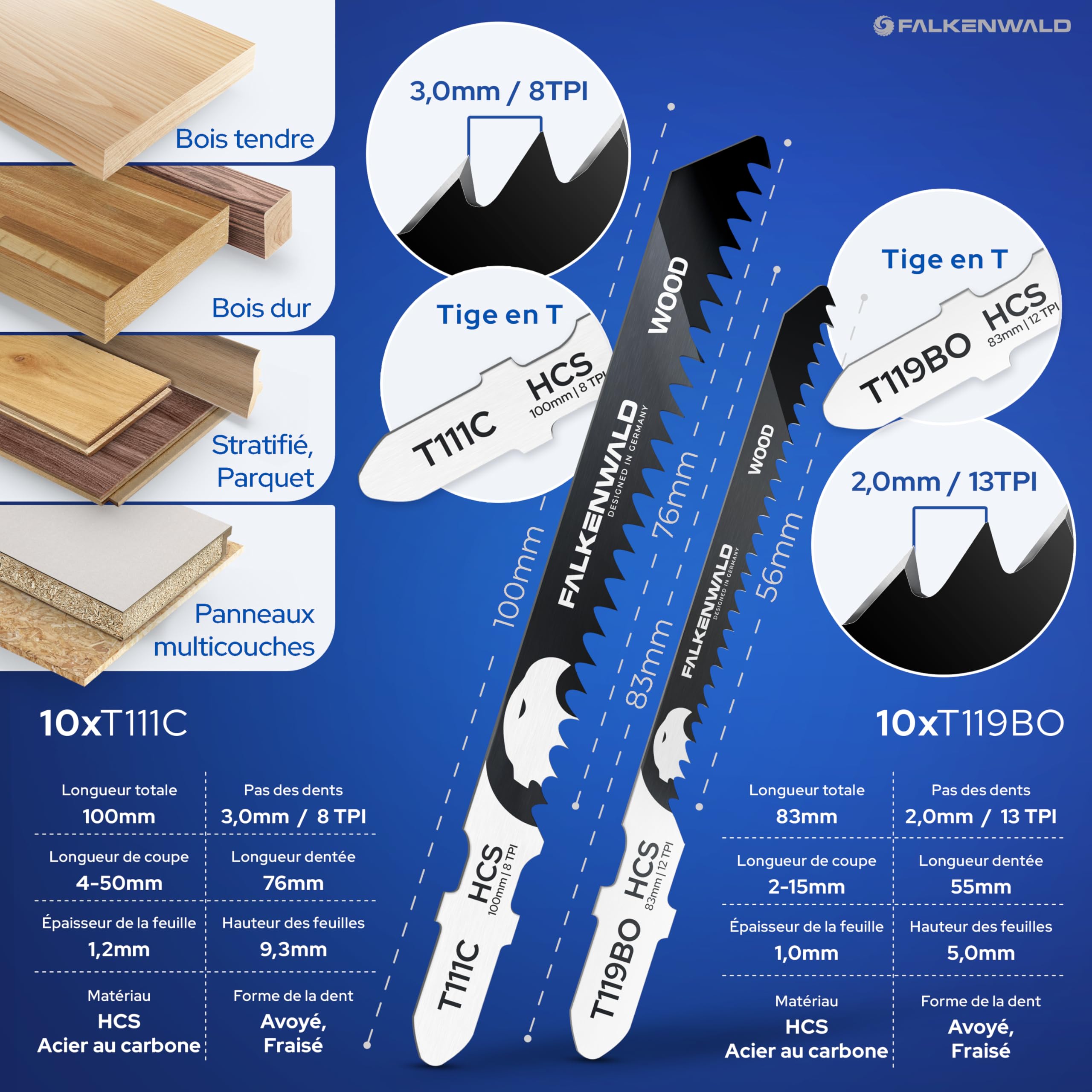 FALKENWALD Lot de 30 lames de scie sauteuse 20 x bois + 10 x métal – Tige en T HCS & HSS – Pour bois tendre, bois dur, stratifié, plastique et métal – Compatible avec Bosch et scies sauteuses