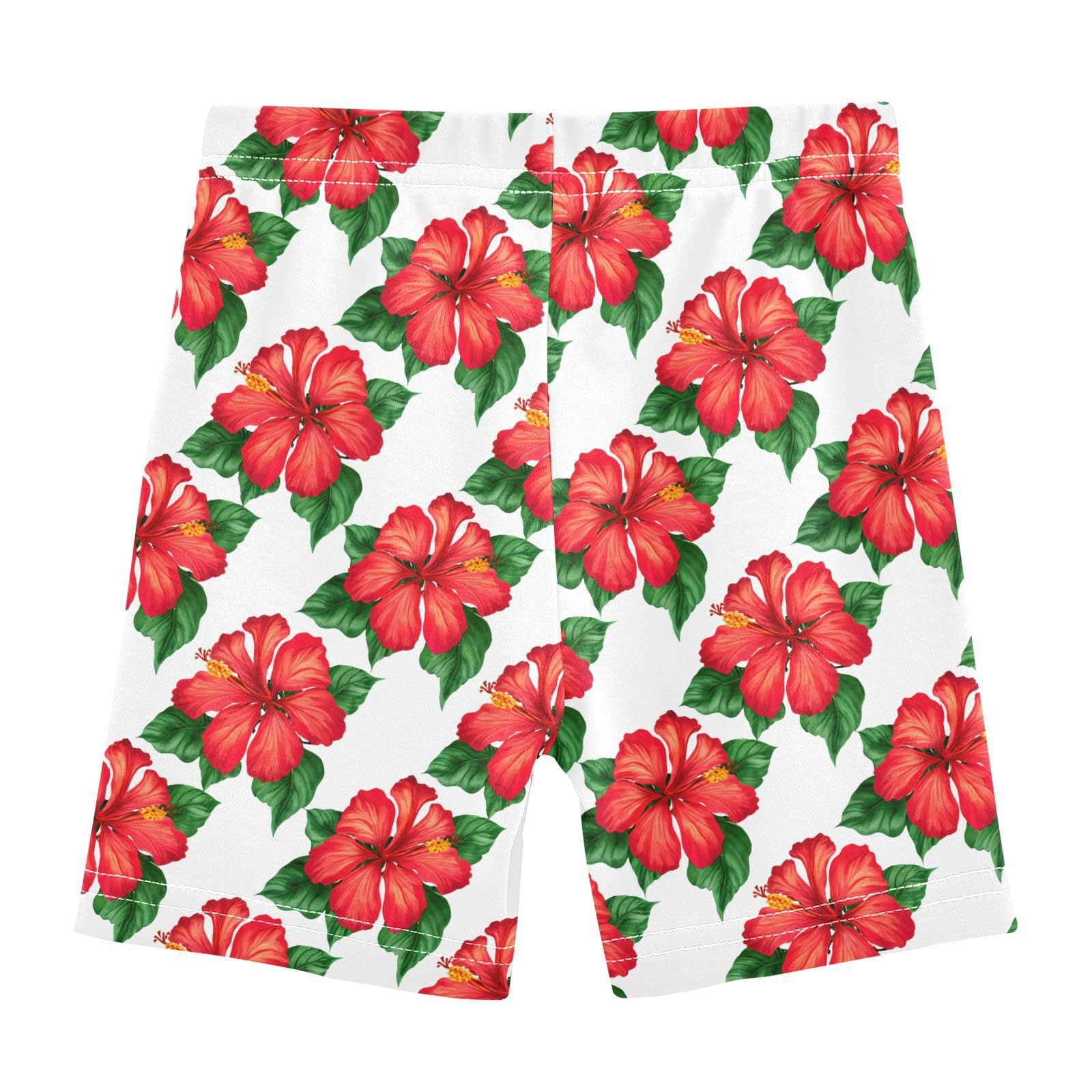 Hibiscus Flower Leaves White Girls Bike Shorts Toddler Soft Cotton Cartwheel Under Dress Dance Shorts