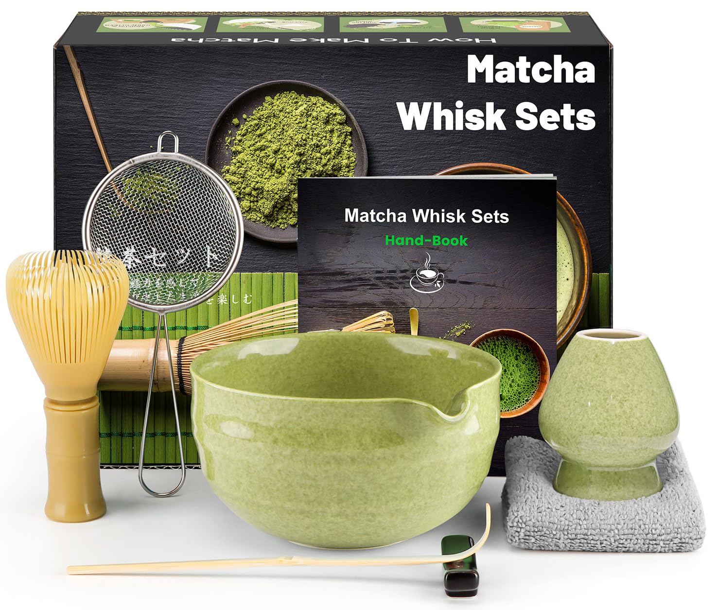 Matcha Set (7-Piece) Which Matcha Whisk, Matcha Cup, Matcha Bowl, Chasen, Matcha Sieve, Matcha Spoon,Ideal Starter Matcha Kit for Easy Matcha Making (Matcha Green)