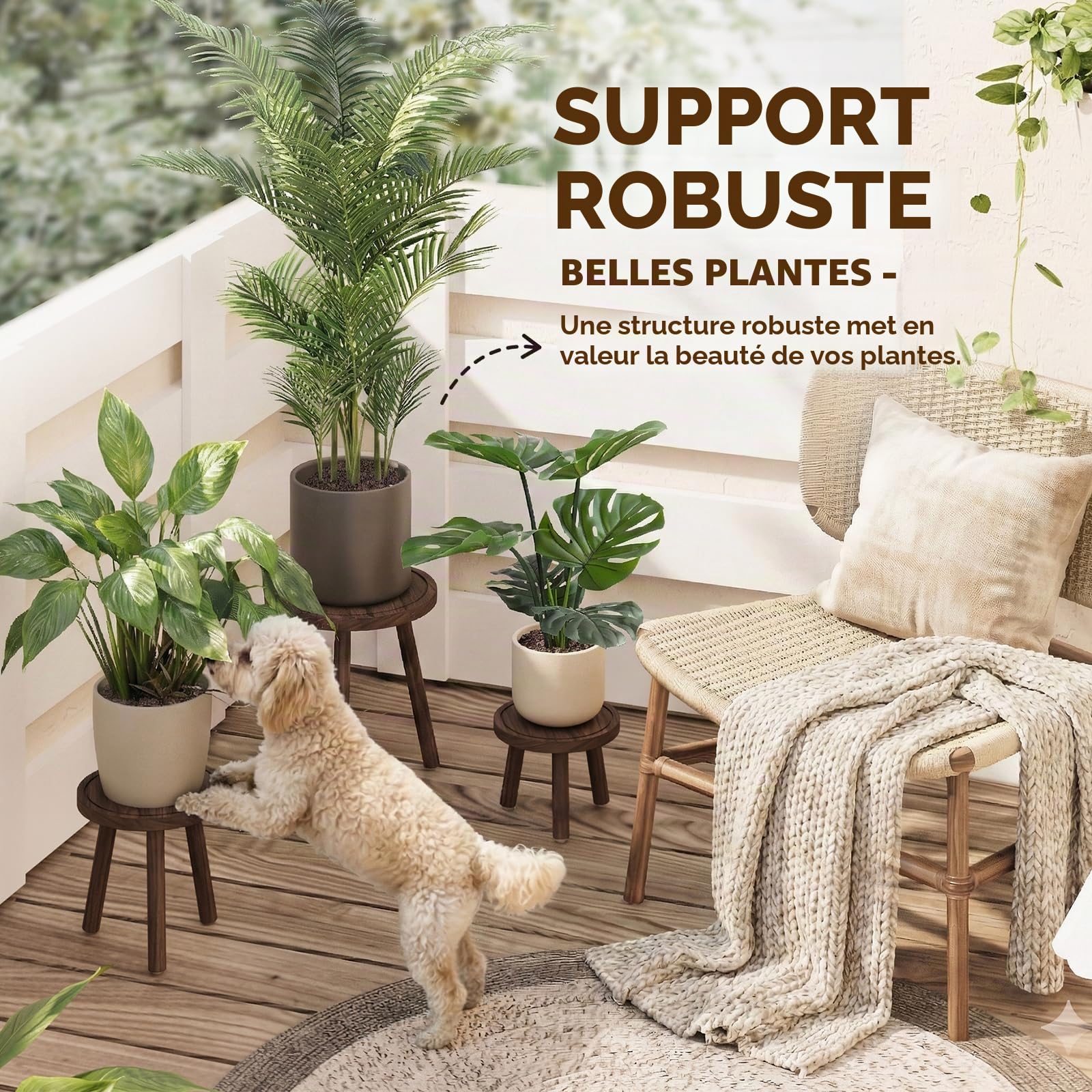 Bamworld Lot de 3 supports de plantes d'intérieur simples pour plusieurs plantes, tabouret d'angle en bois pour terrasse, jardin, balcon, salon, chambre à coucher (marron)