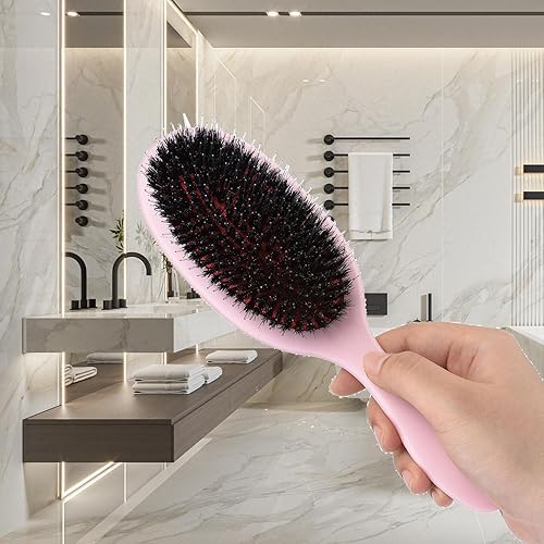 Vista 17 de Cepillo desenredante de cerdas de jabalí para cabello natural rizado, fino, lacio, antiencrespamiento, cepillo desenredante, cepillo de cerdas