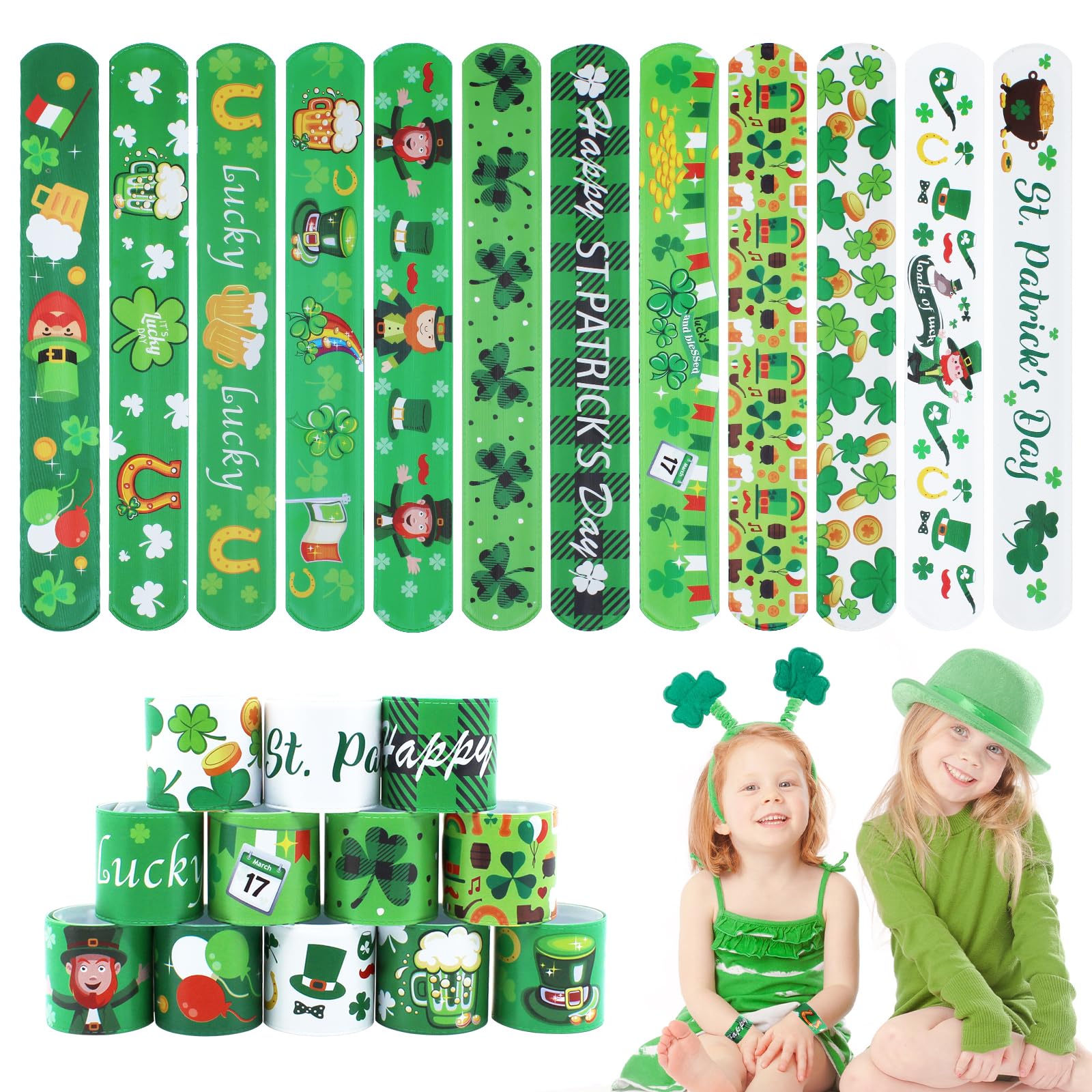 St. Patrick's Slap Bracelets for Kids 36PCS Bulk Shamrock Snap Bracelets St Patricks Day Party Favors Goodie Bag Stuffers Supplies St Patricks Day Accessories Treats Green Irish Gifts Toys for Kids