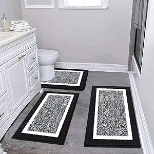 Pauwer Bathroom Rug Sets 3-Piece Shower Rugs with U-Shaped Contour Toilet Mat Absorbent Microfiber Plush Bath Mats Non Slip Machine Washable Shaggy Bathroom Floor Mats, Black