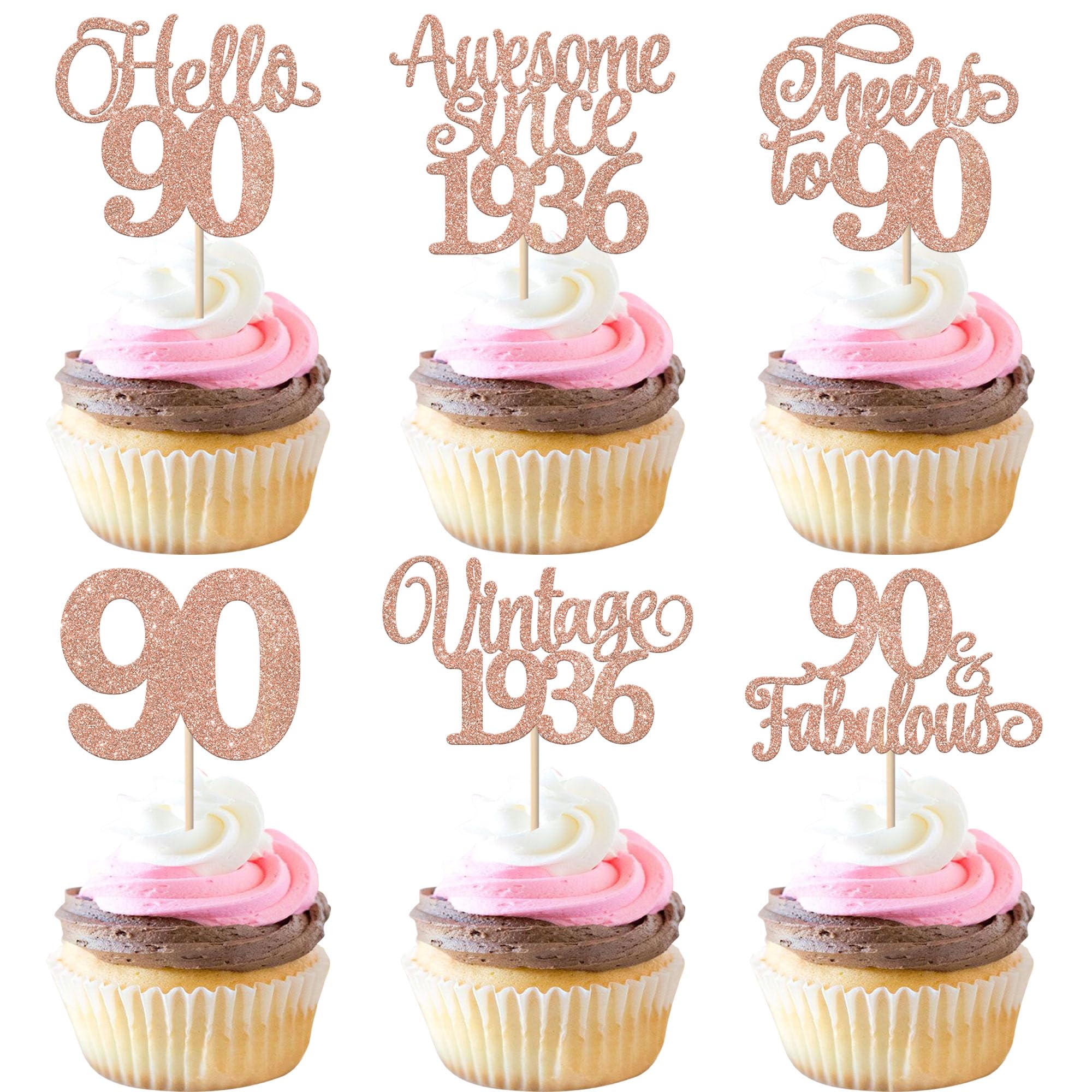 Rsstarxi 24 Pack Vintage 1936 Cupcake Toppers Hello 90 Eighty Cupcake Picks Cheers to 90 Birthday Cake Decorations for Happy 90th Birthday Wedding
