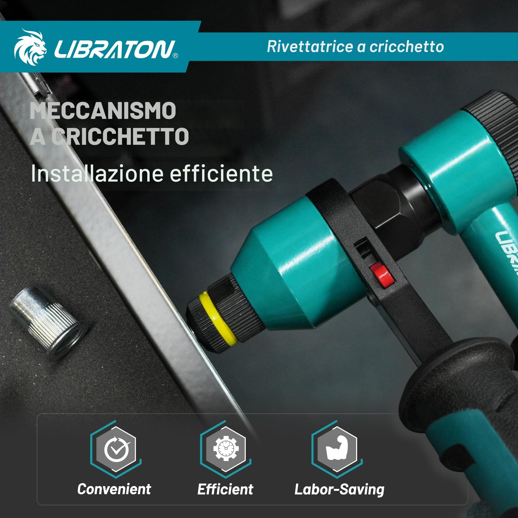 LIBRATON Rivettatrice per Inserti Filettati, Rivettatrice Manuale Inserti Filettati, Rivettatrice Filettati a Cricchetto, Filetti Pinza con 5 Mandrini Metrici, 5 Ugelli, 50 Rivetti Dadi, Scatola