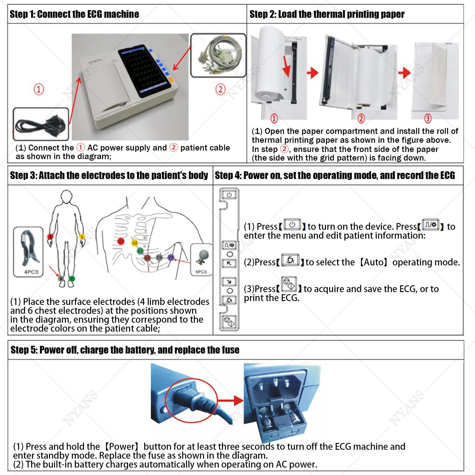 NYANS Monitor Cardiaco ECG Portatile con Schermo LCD a Colori da 7 Pollici, 12 Derivazioni, 3 Canali, per Il Monitoraggio dei Parametri Vitali