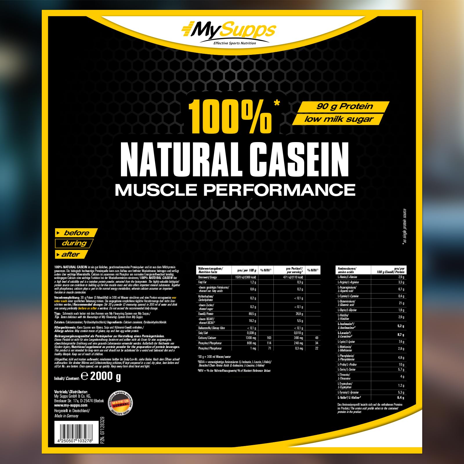 My Supps 100% Natural Casein 2000 g - Eiweiß-Pulver - Casein-Proteinpulver neutral - zuckerfrei - ohne Zusatzstoffe - Calciumcaseinat 89,5% Protein - langsam verdaulich Nachtprotein - Made in Germany