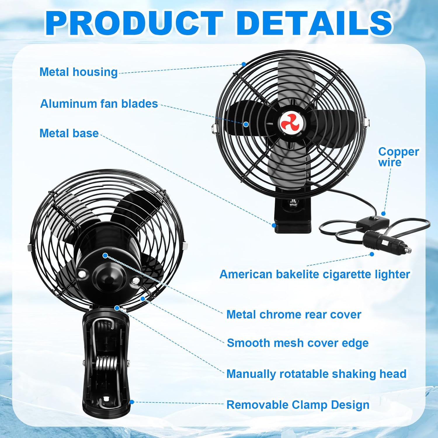 Tujoe 2 Set Portable 12v Fans for Vehicles with 2-speed Switch and Clip, Cigarette Lighter Cooling, 180°manual Swivel Car Metal Rv Cooling Fan for Auto Truck Rv Boat Camper (6 Inch)