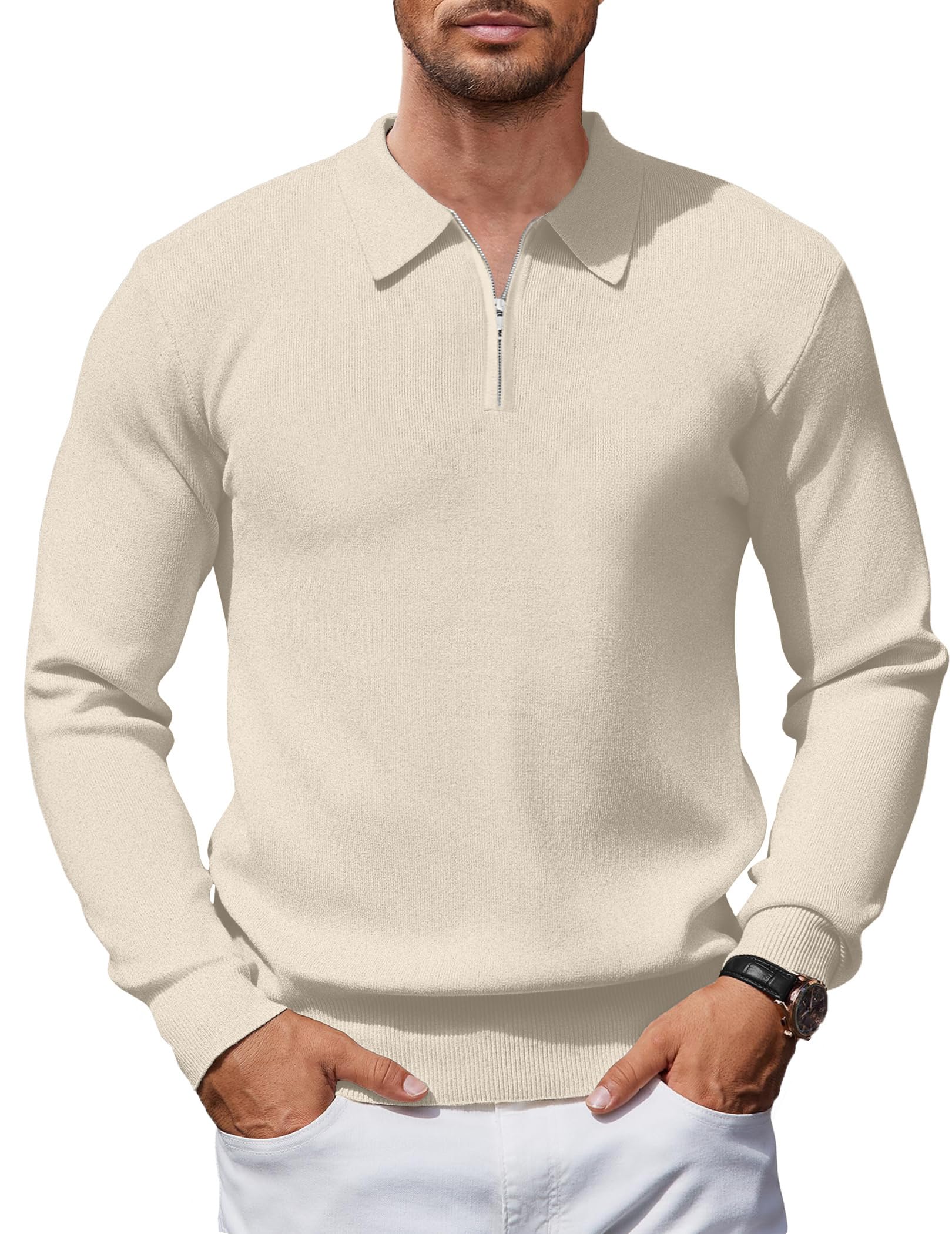 Rela Bota Men's Knit Polo Shirts Long Sleeve Golf Shirts for Men Classic Quarter Zip up Pullover Collared Sweater Casual