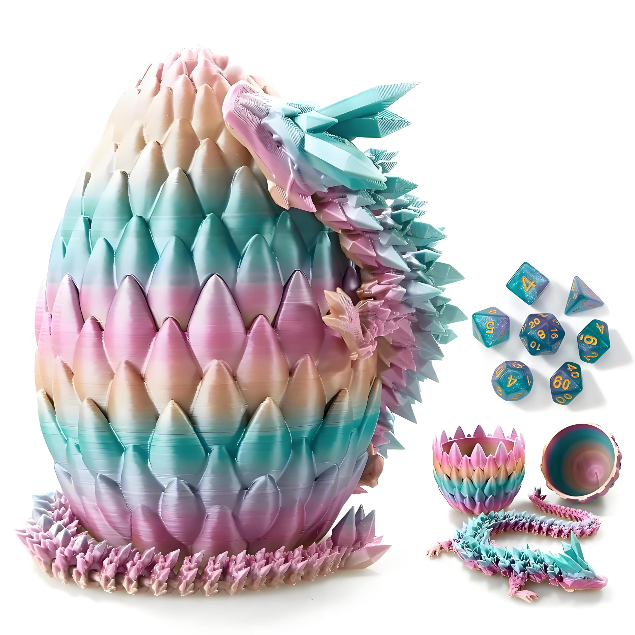 DND Dice Set, 7pcs Polyhedral Dice with 3D Dragon Egg Shell, Portable Dungeons and Dragons Dice with Organizer Bag for RPG/MTG (Rainbow)