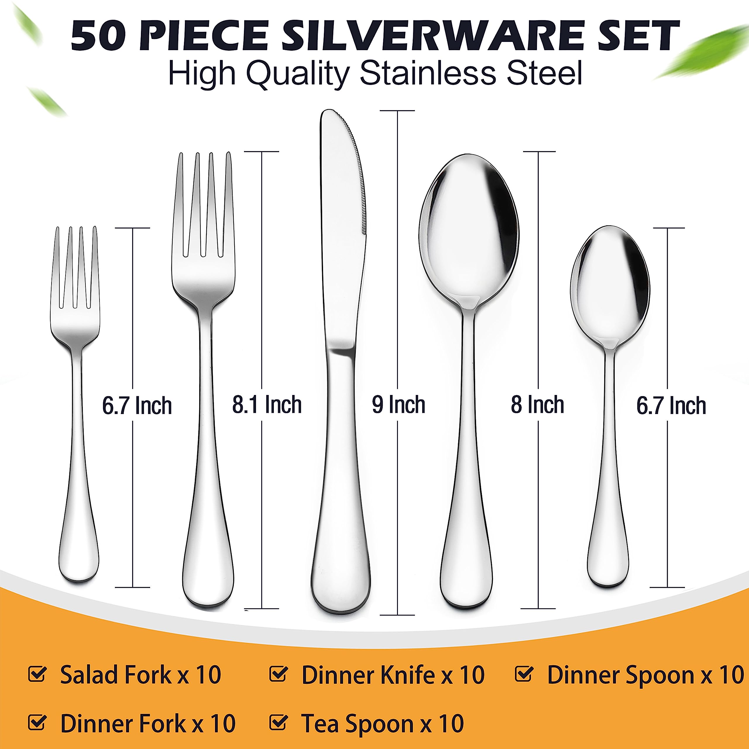 LIANYU 50-Piece Silverware Flatware Set for 10, Stainless Steel Cutlery Set Includes Fork Spoon and Knife, Kitchen Restaurant Tableware, Mirror Finished, Dishwasher Safe