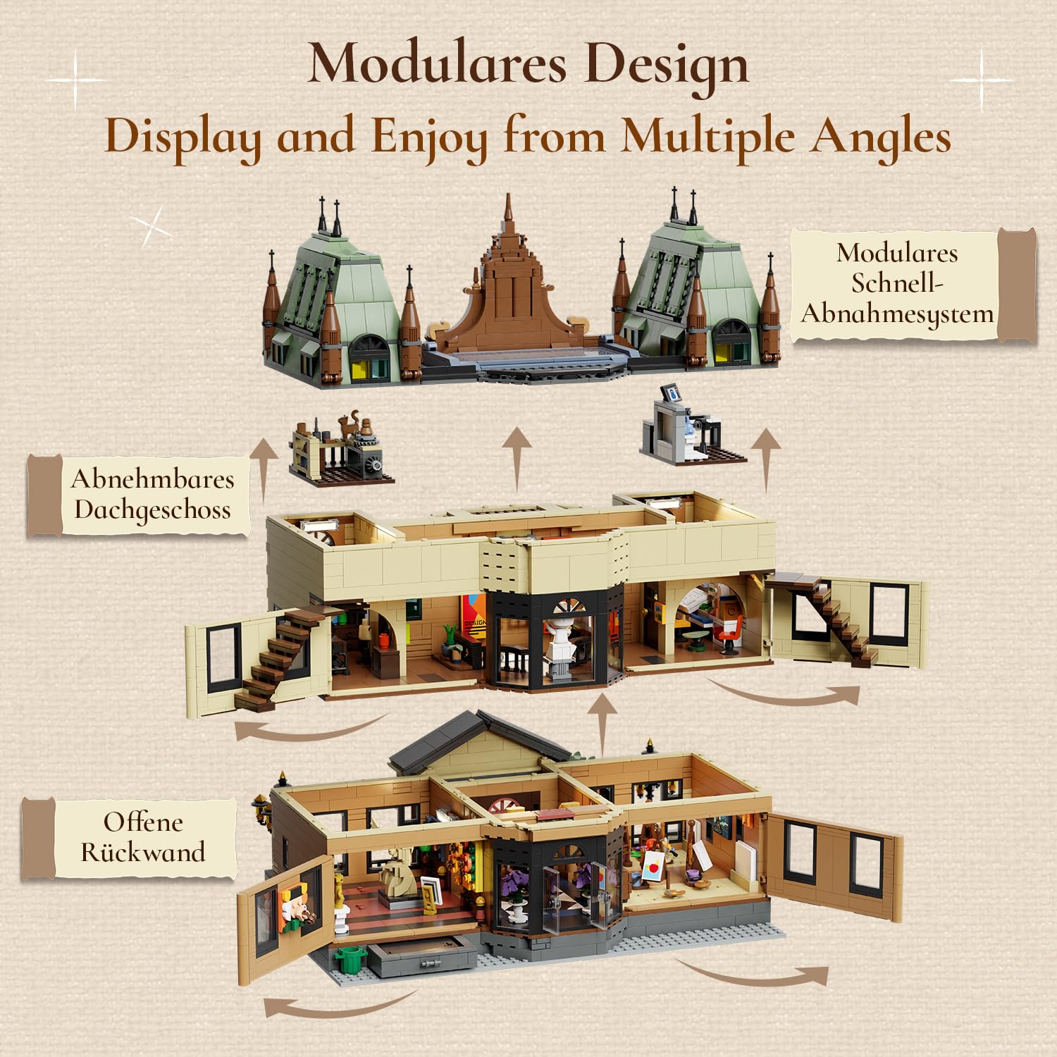 PANTASY Kunstakademie, modulares Klemmbausteine Set | 3-stöckige europäische Kunstschule mit detailreichen Ateliers und Innenräumen für modulare Straßenszenen