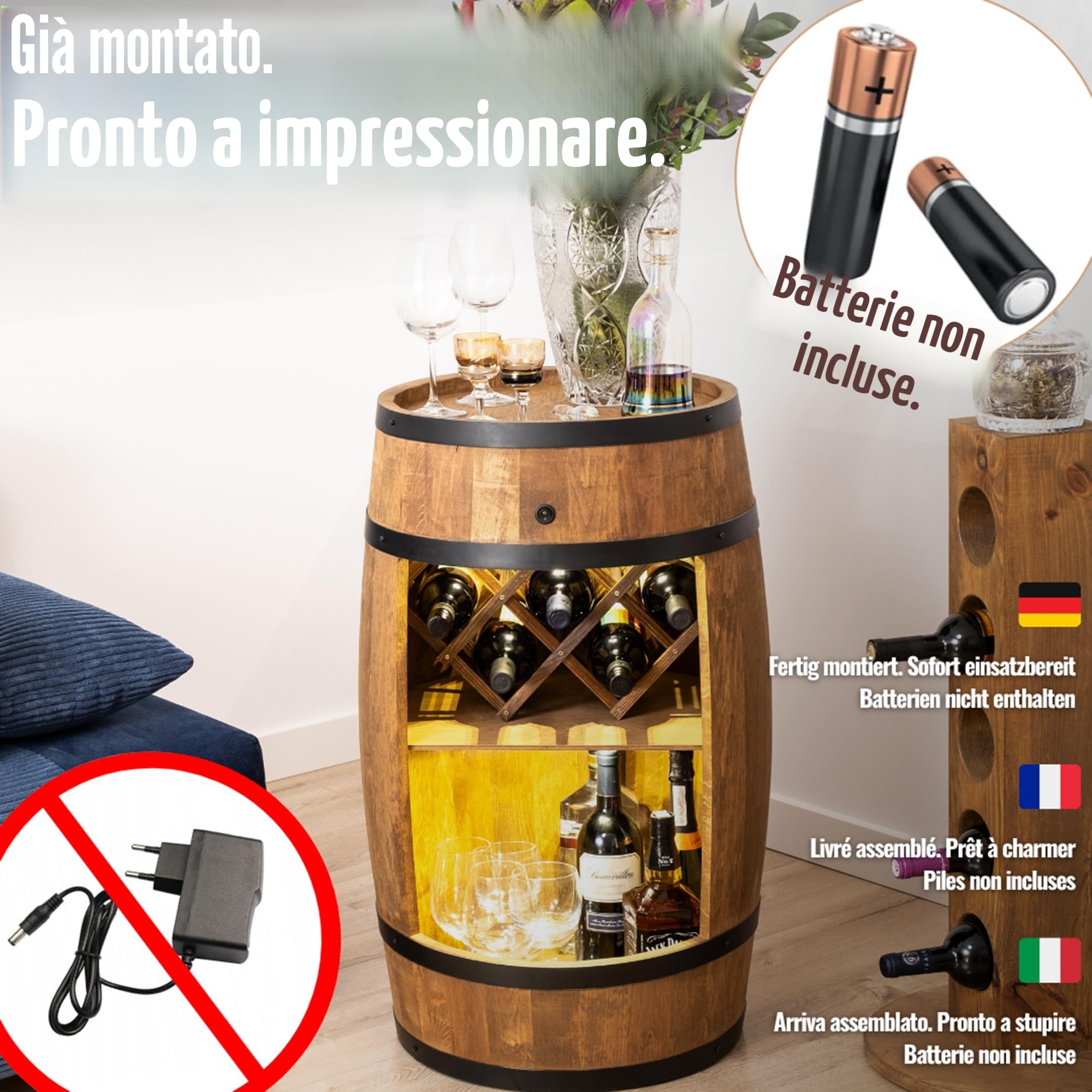 CREATIVE COOPER Barile con portabottiglie per vino, a LED, in legno, 80 x 50 cm, decorazione rustica, armadietto per vino (marrone scuro), 2_PW_LED_#_