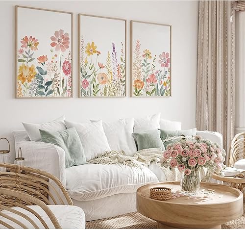 Arte de pared de flores silvestres en acuarela, lienzo floral botánico, arte de pared vintage, póster de pintura floral para sala de estar,