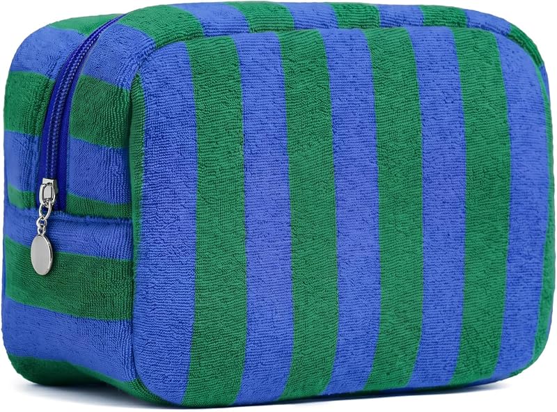 Necessaire SOIDRAM listrada em tecido atoalhado com zíper, Royal Blue & Green Stripe