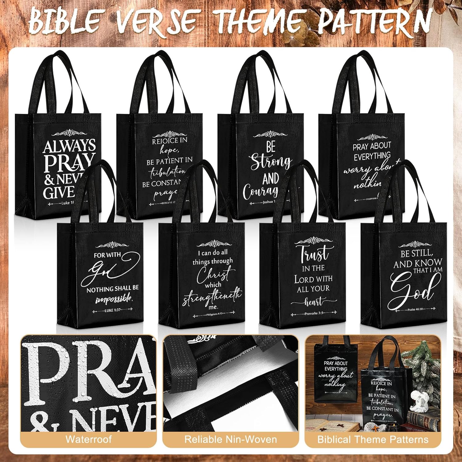 Aliceset 24 Pcs Christian Gift Bags Bulk with Handle Medium Size Bible Verse Religious Gift Bags Reusable Non Woven Church Welcome Totes for Baptism Galentines Birthday Party Favors (Black) - Image 2