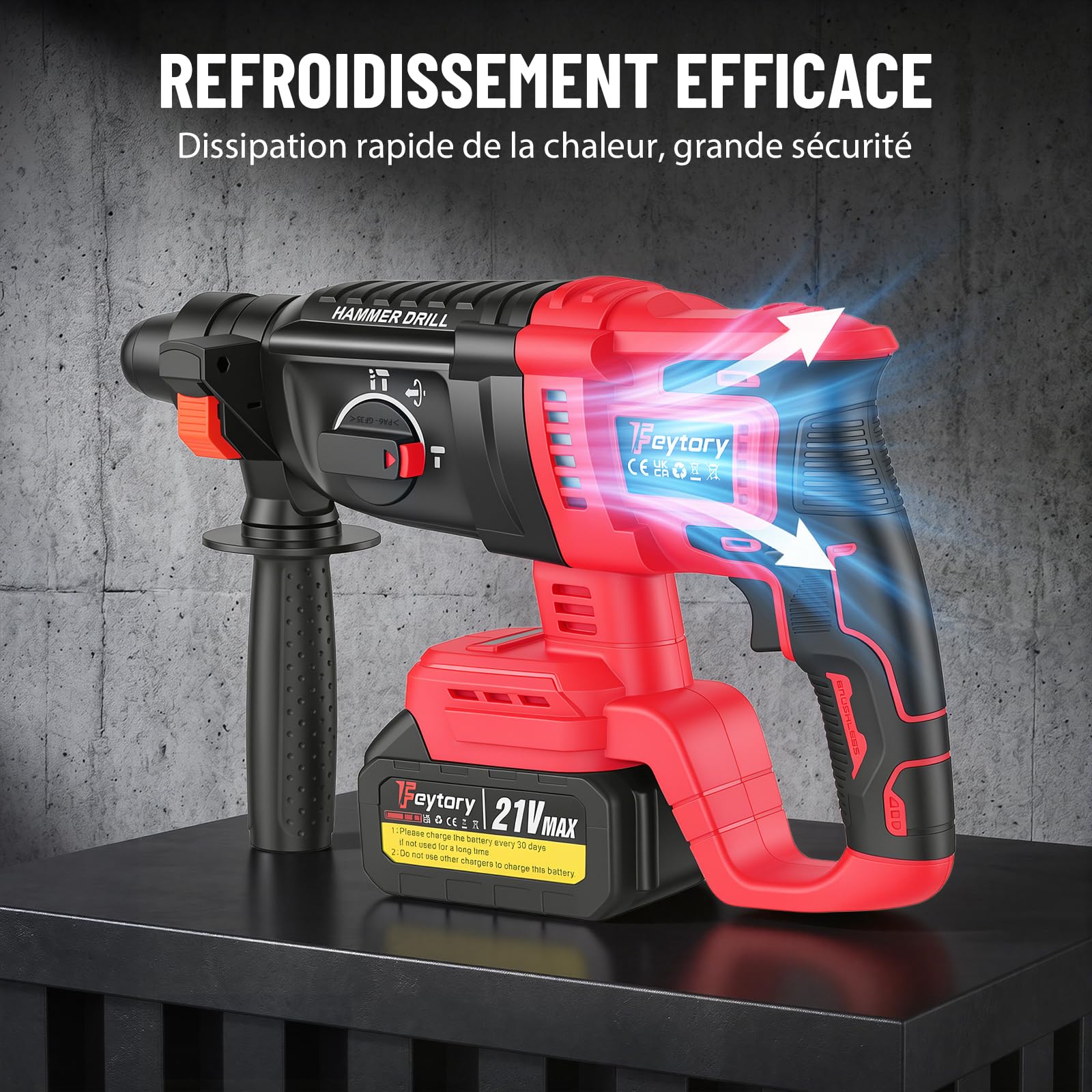 Perforateur Burineur Sans Fil 21V Brushless, 3 Modes (Perçage/Perforation/Burinage), Réglage du Ciseau, Antichoc, 1000 RPM, 4500 BPM, avec 2x Batteries 1300mAh + Coffret