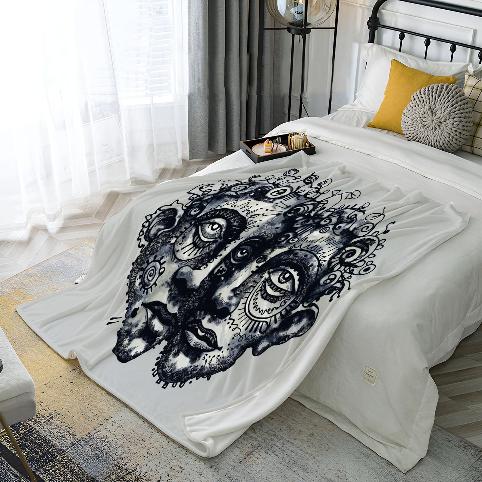 Couverture polaire 150x200 cm haut de gamme en flanelle blanche motif visage abstrait bohème