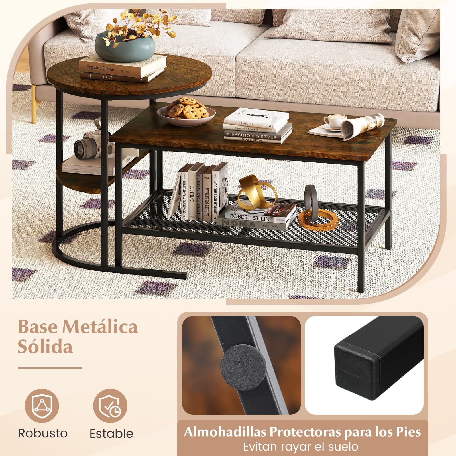 COSTWAY Juego de Mesa de Café 2 en 1, Mesa Redonda y Juego de Mesita Rectangular con Tapa de Mármol Sintético y Estante de Almacenamiento Adicional, para Sala de Estar, Dormitorio (Negro y Marrón)