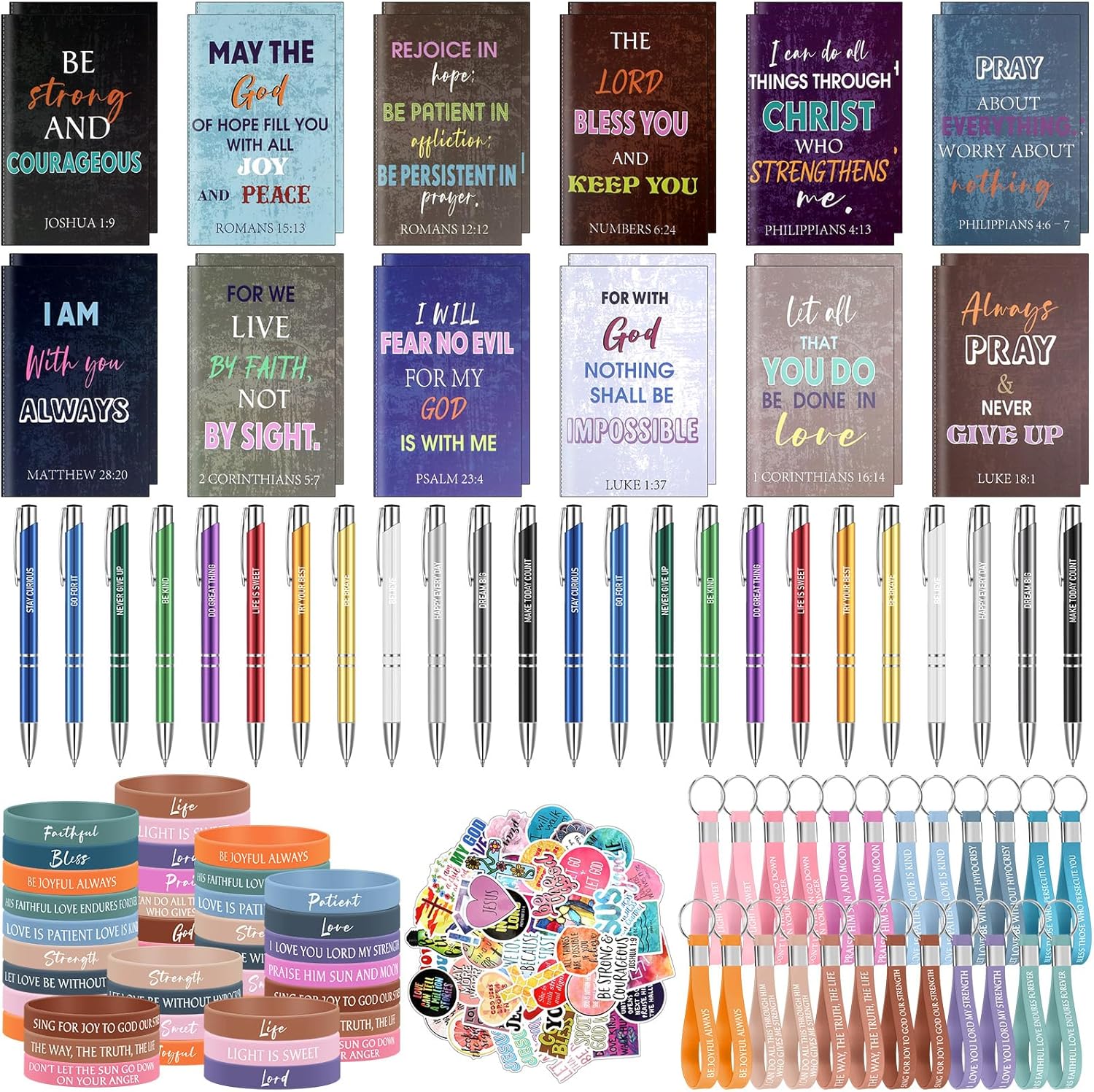 Yeaqee 146 Pcs Easter Christian Gifts Set Bulk Include 24 Bible Verses Pens 24 Bible Notebooks 24 Scripture Quotes Bracelets 24 Inspirational Keychains 50 Jesus Christian Stickers(Classic)