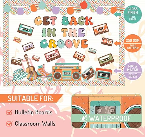 Miniatura 3 de Juego de 86 piezas de decoración de tablón de anuncios retro de música, cintas de cassette de guitarra, recortes de papel a cuadros con 160 puntos