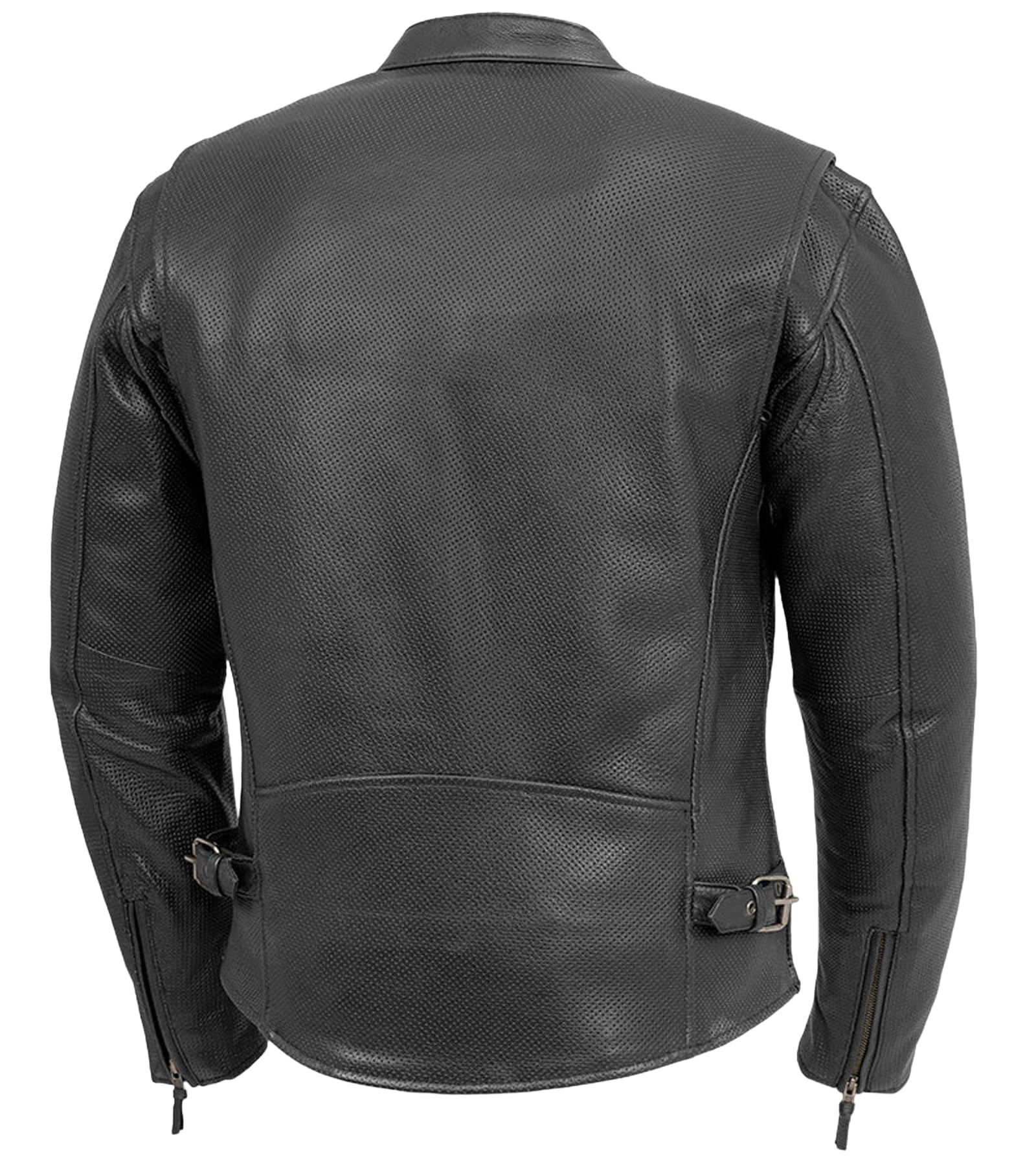 First Mfg Co - Turbine - Men's Motorcycle Biker Riding Black Leather Jacket - Small - Action Back Armor Pockets Belted Grommets Gussets