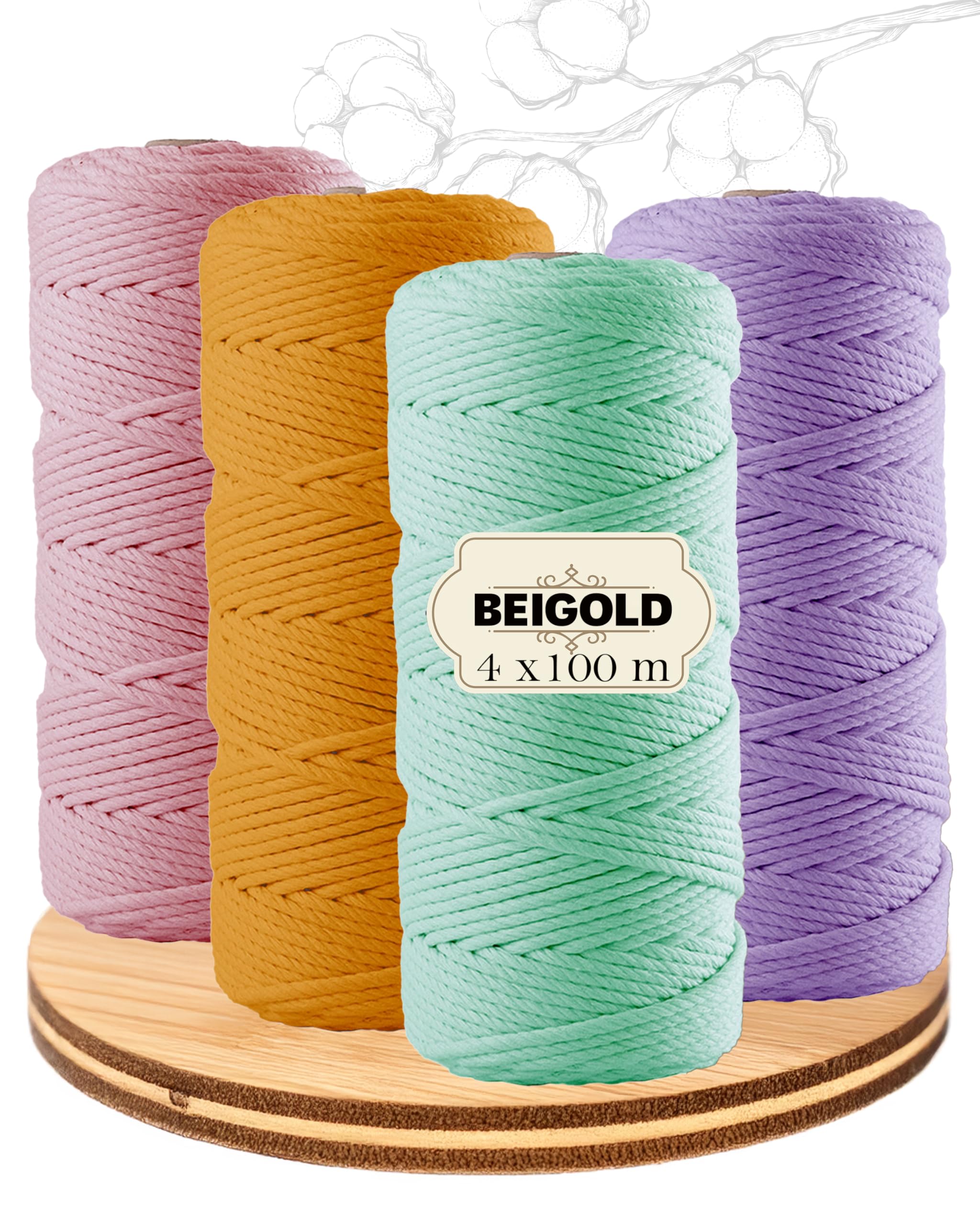 BEIGOLD® Premium Makramee Garn 3mm x 100m -Set Frühling (Minze,Flieder,Orange,Rose) - Baumwollmischgarn zum Knüpfen von Macrame für Kunst DIY