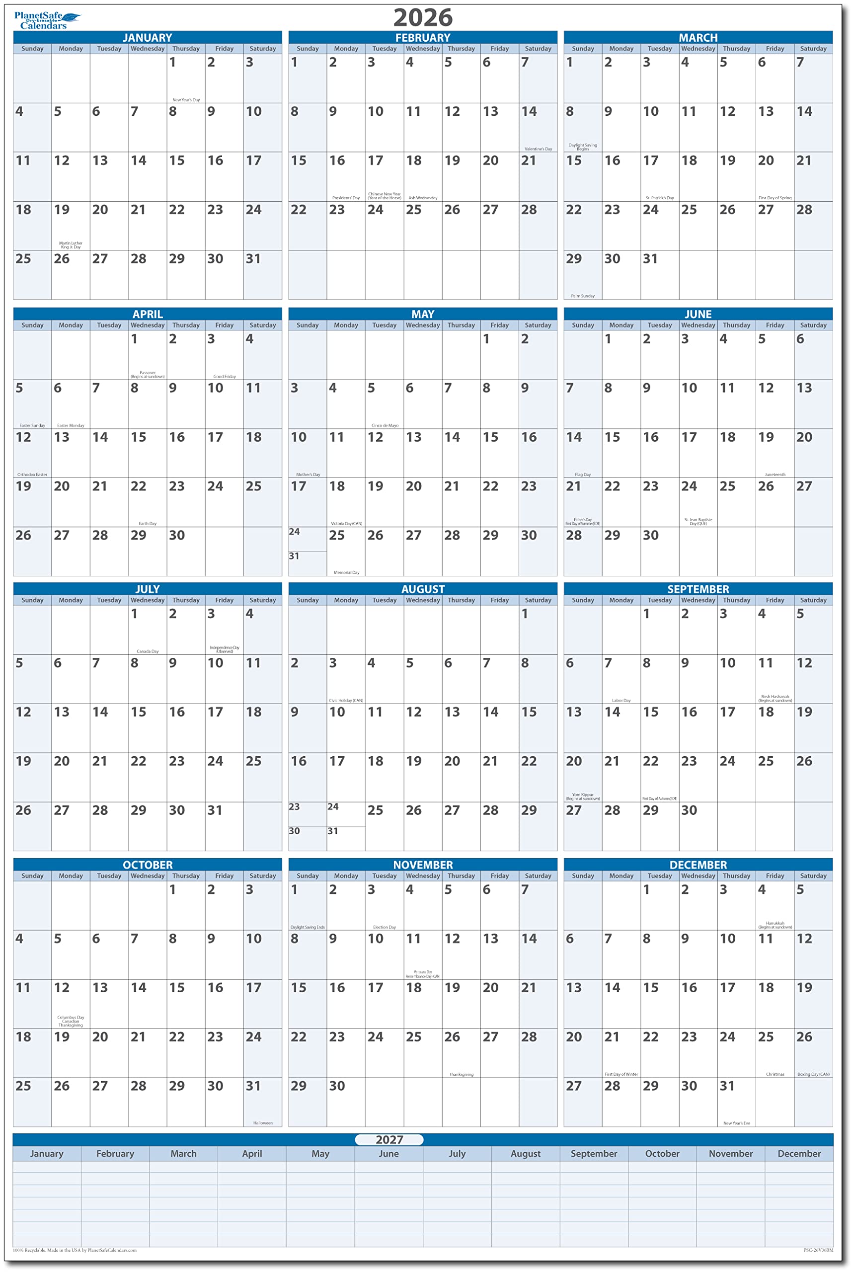 2026 Sky Blue Wet & Dry-Erasable Vertical Wall Calendar 36h x24w with next year planner srea - Complete with marker and eraser