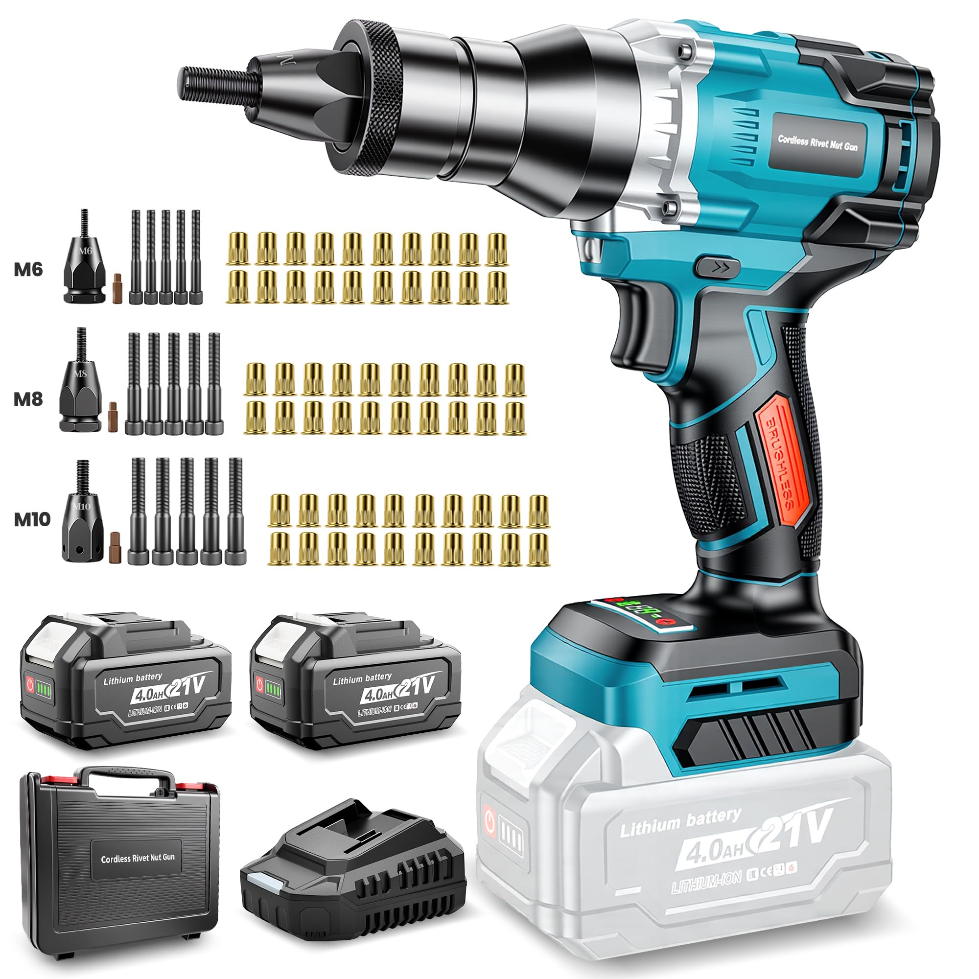 YEARTOP Herramienta de tuerca remache inalámbrica de 20 V, sin escobillas, pistola eléctrica profesional para M6 M8 M10, herramienta de remachado roscado con 2 baterías de 4.0 Ah, cargador estándar